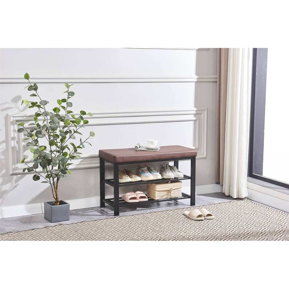 Shoe Rack Bench Ottoman Upholstered for Entryway Living Room Hallway - Grey
