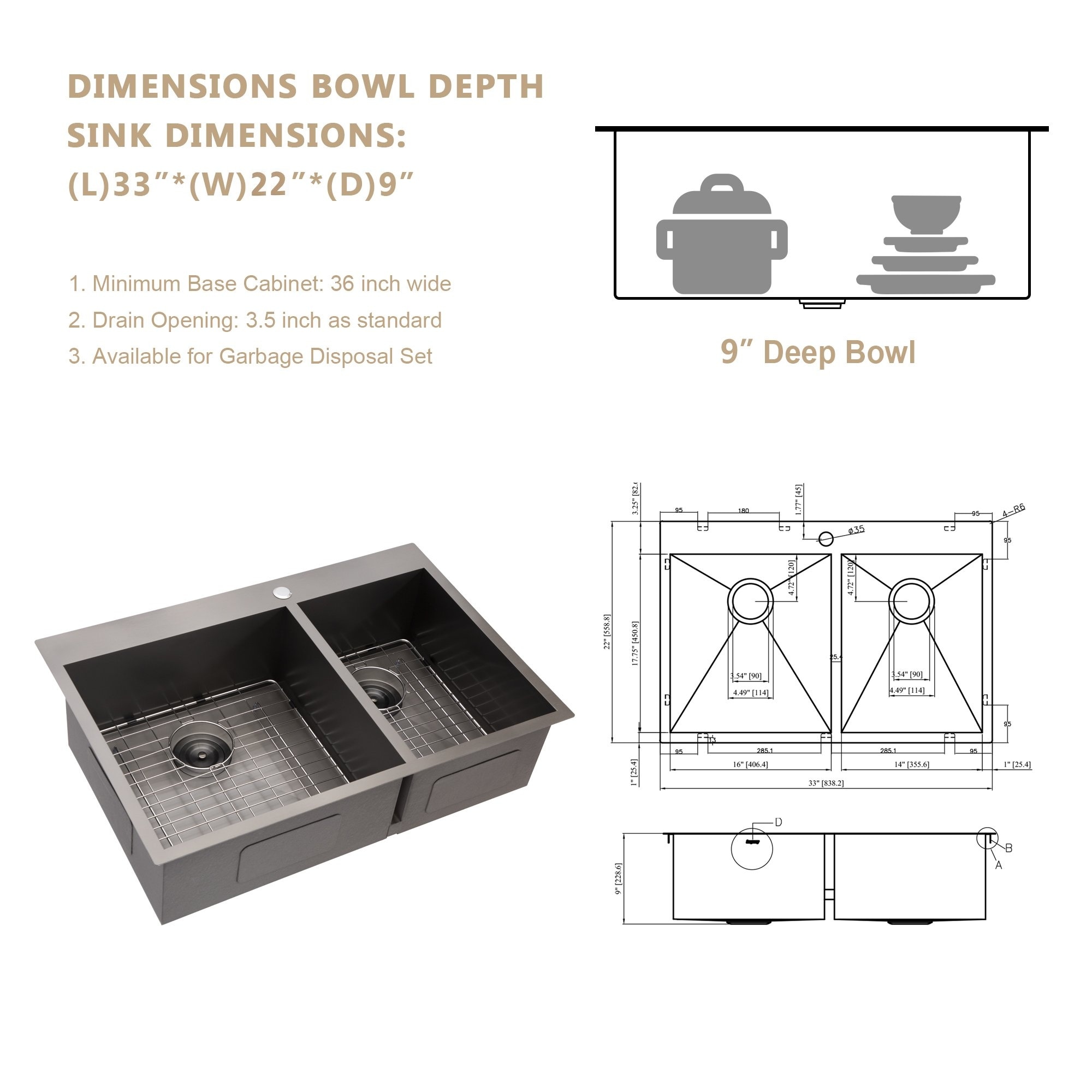 Kichae Black 33 Inch Double Bowl 18 Gauge Stainless Steel Kitchen Sink