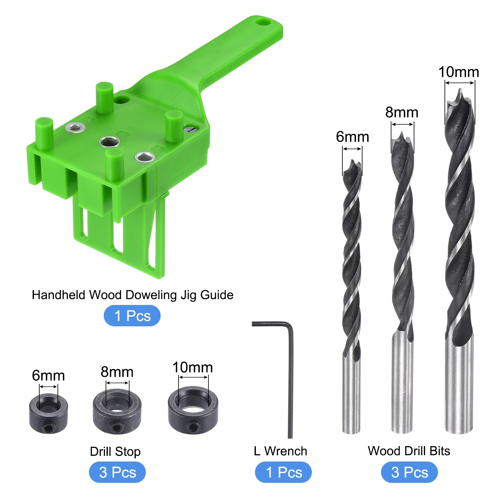 Green Hand Wood Doweling Jig Wood Drill Bit Drill Stop Wrench 8Pcs