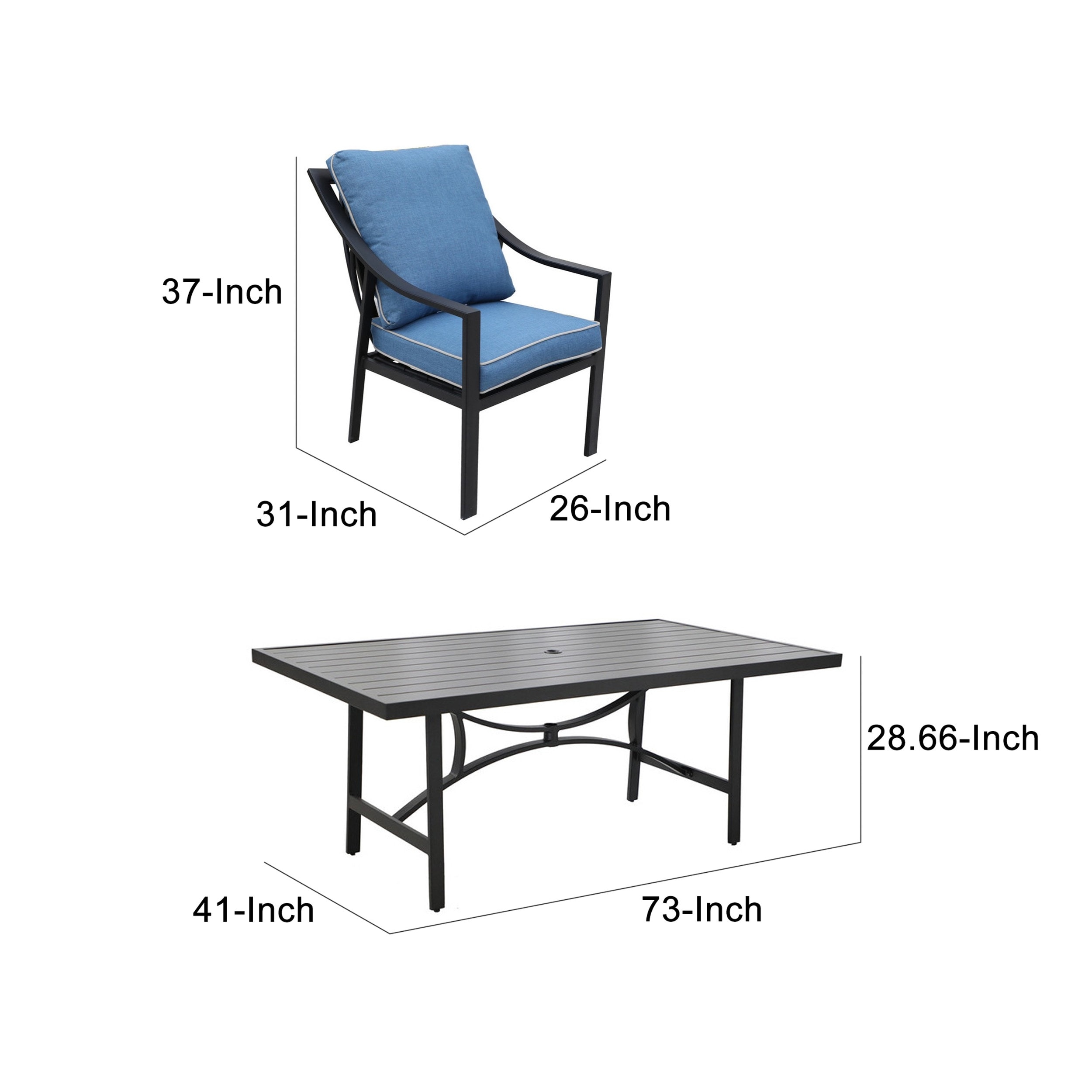 Noe 7 Piece Metal, Outdoor Dining Table and Slope Arm Chairs Set, Blue