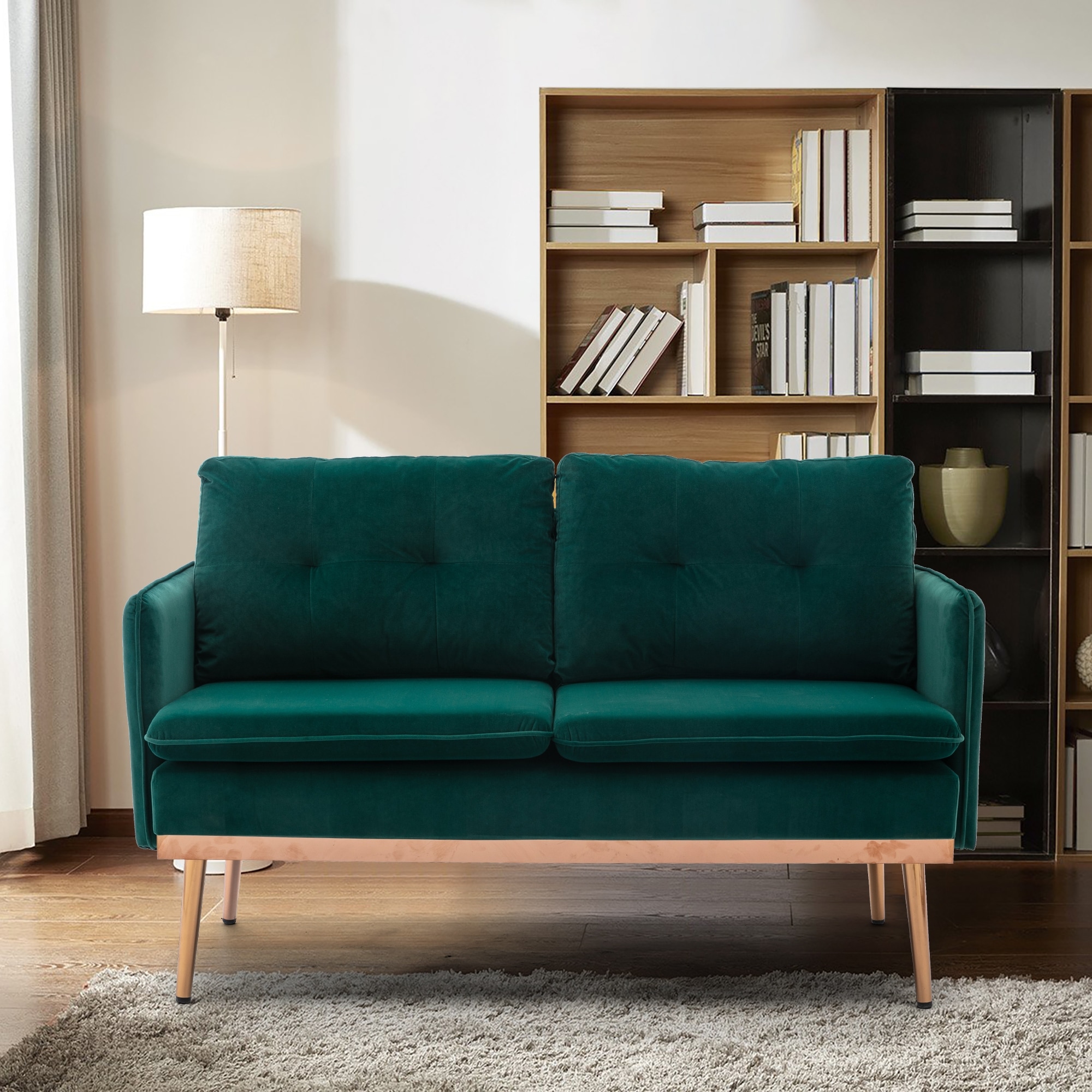 Vintage Loveseat Cushion Back Seat Velvet Upholstered Furniture Living Room Decor Sofa with Rose Golden Metal Support