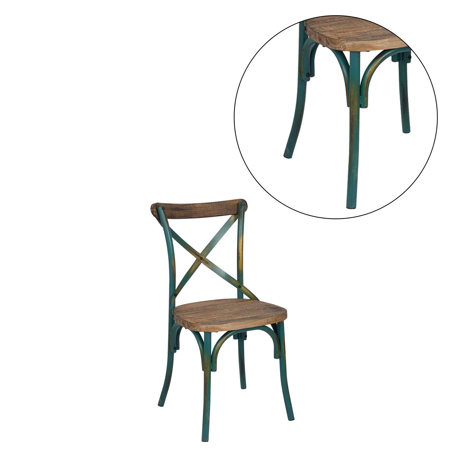 X-Cross Back Wood Side Chair in Antique Turquoise and Antique Oak