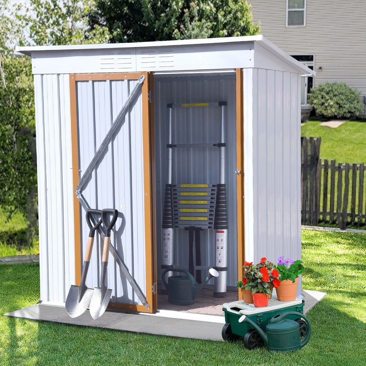 Outdoor Storage Shed, Galvanized Metal Garden Shed w/ Lockable Doors