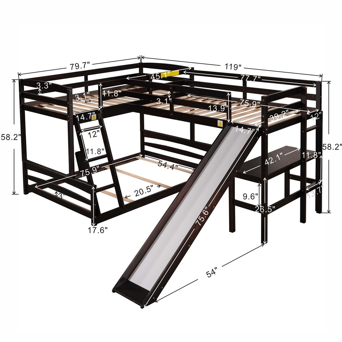 Merax L-shaped Twin over Full Bunk Bed with Twin Size Loft Bed, Desk, Slide