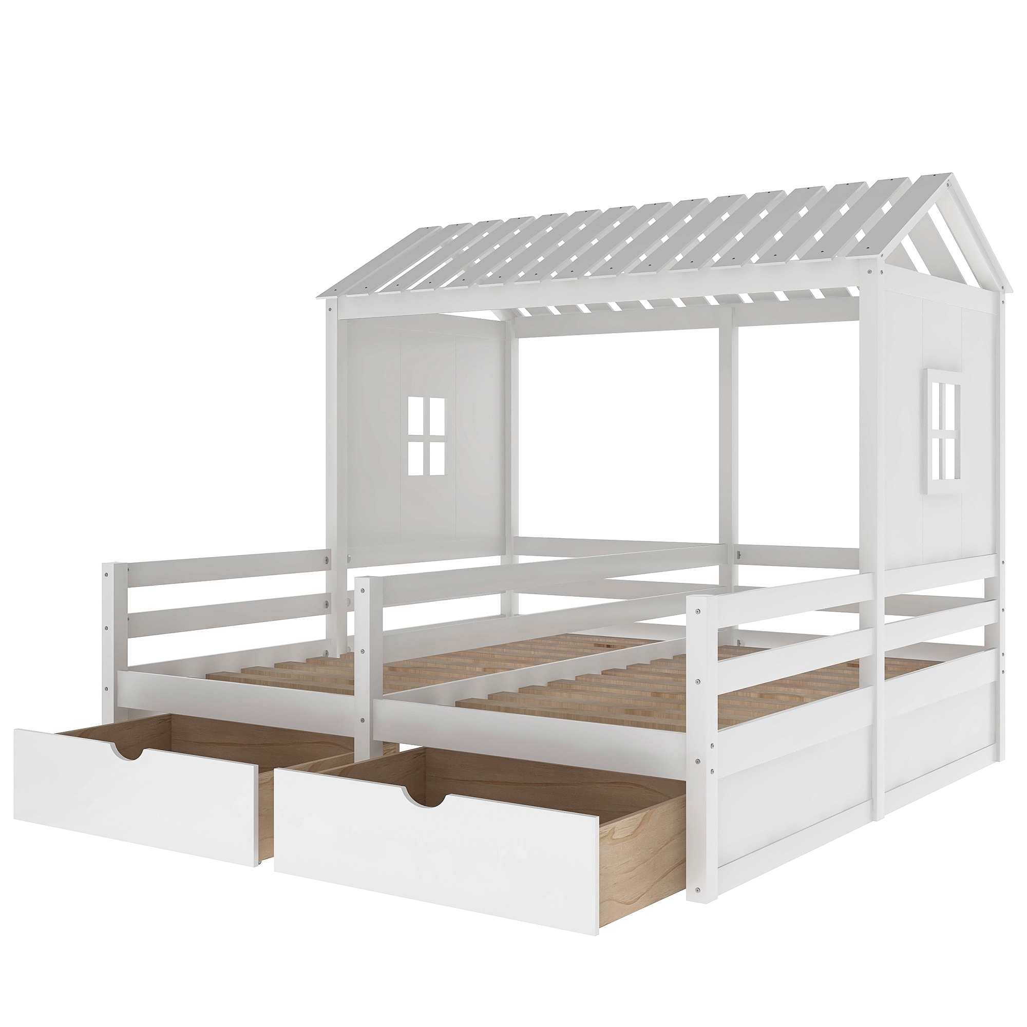 Twin Size House Platform Beds with Two Drawers, 2 Side by Side Kid Beds,Gray/White - White