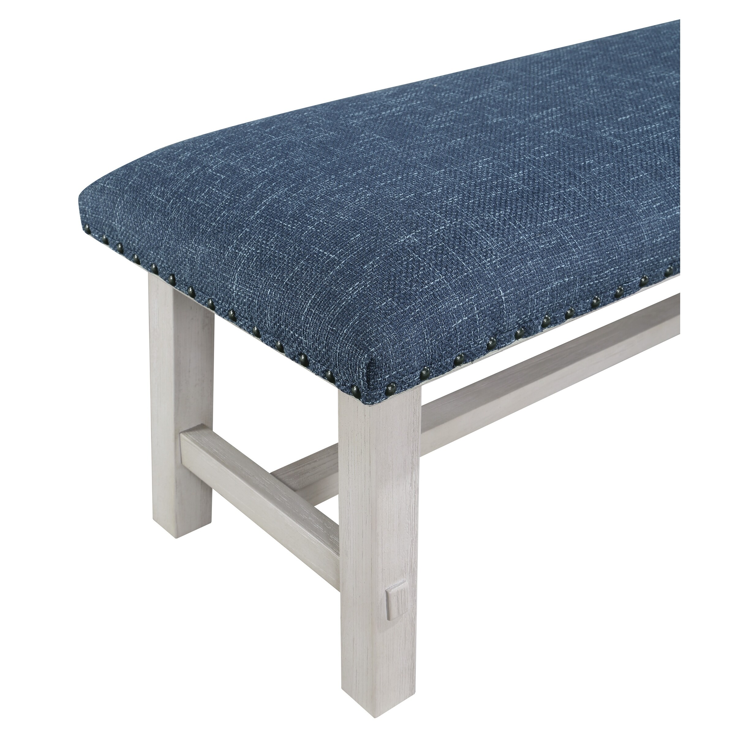 OS Home and Office Furniture Callen Bench with White Wash Frame and Antique Bronze Nailhead Trim in Navy Fabric