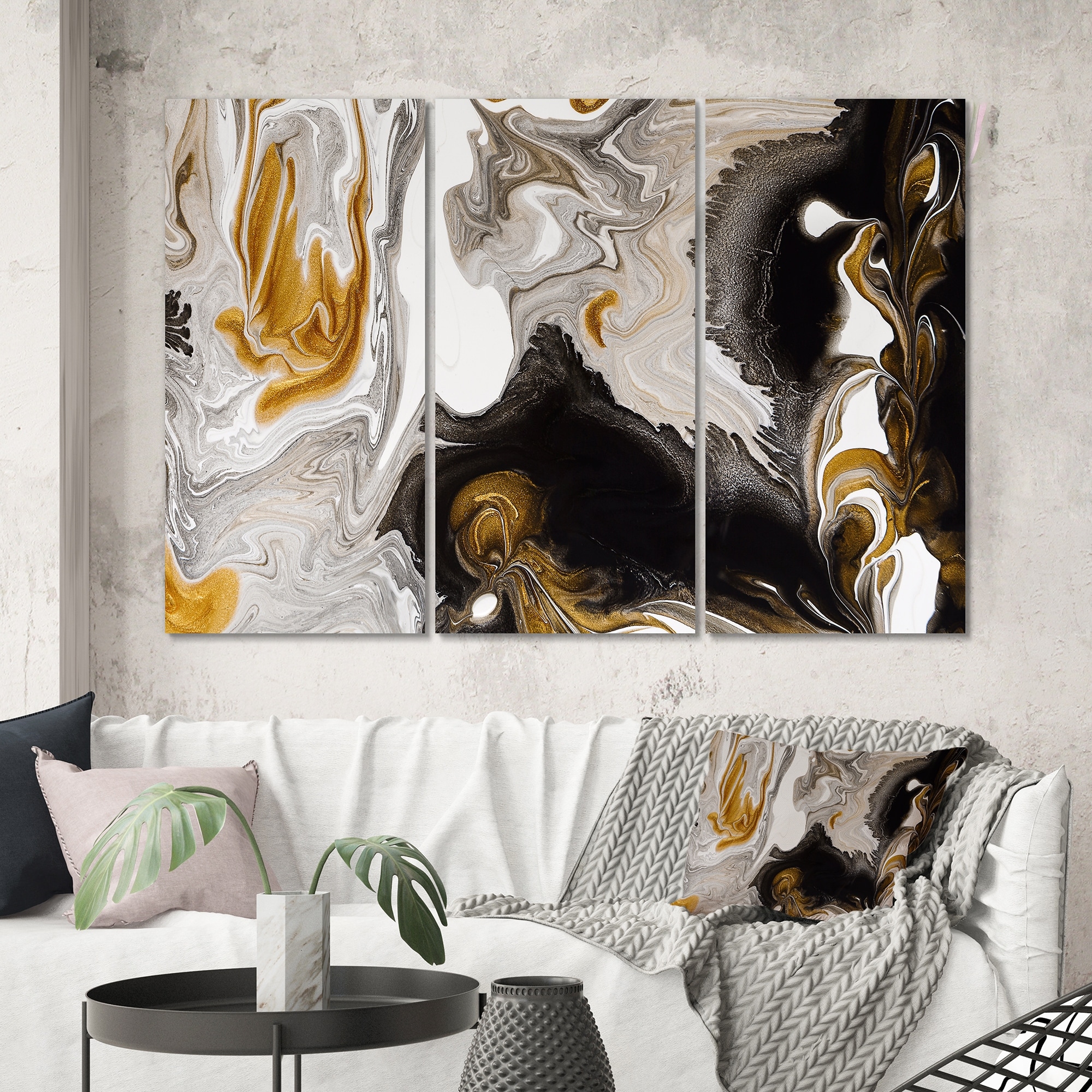 Designart "Gold And Black Marble Waves II" Modern Canvas Wall Art Print