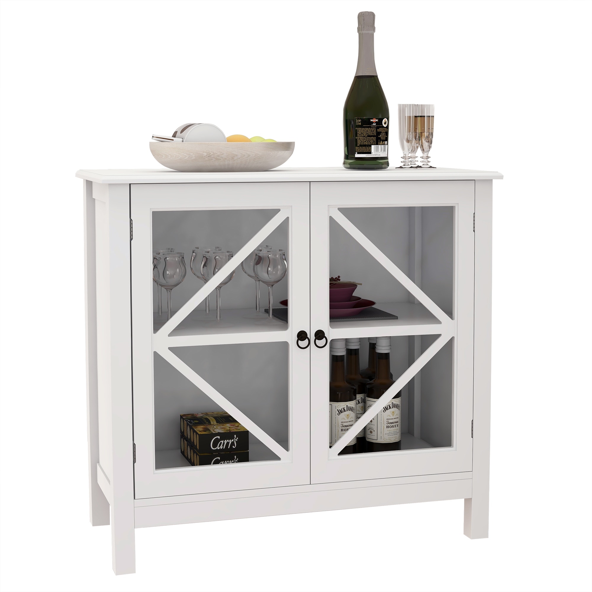 Rustic Style Kitchen Cabinet MDF Board Lockers Square Edged Table Top Sideboard with Double Glass Doors