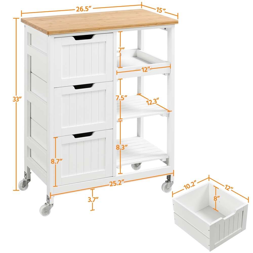 Yaheetech Rolling Kitchen Island with 3 Open Shelves and 3 Drawers