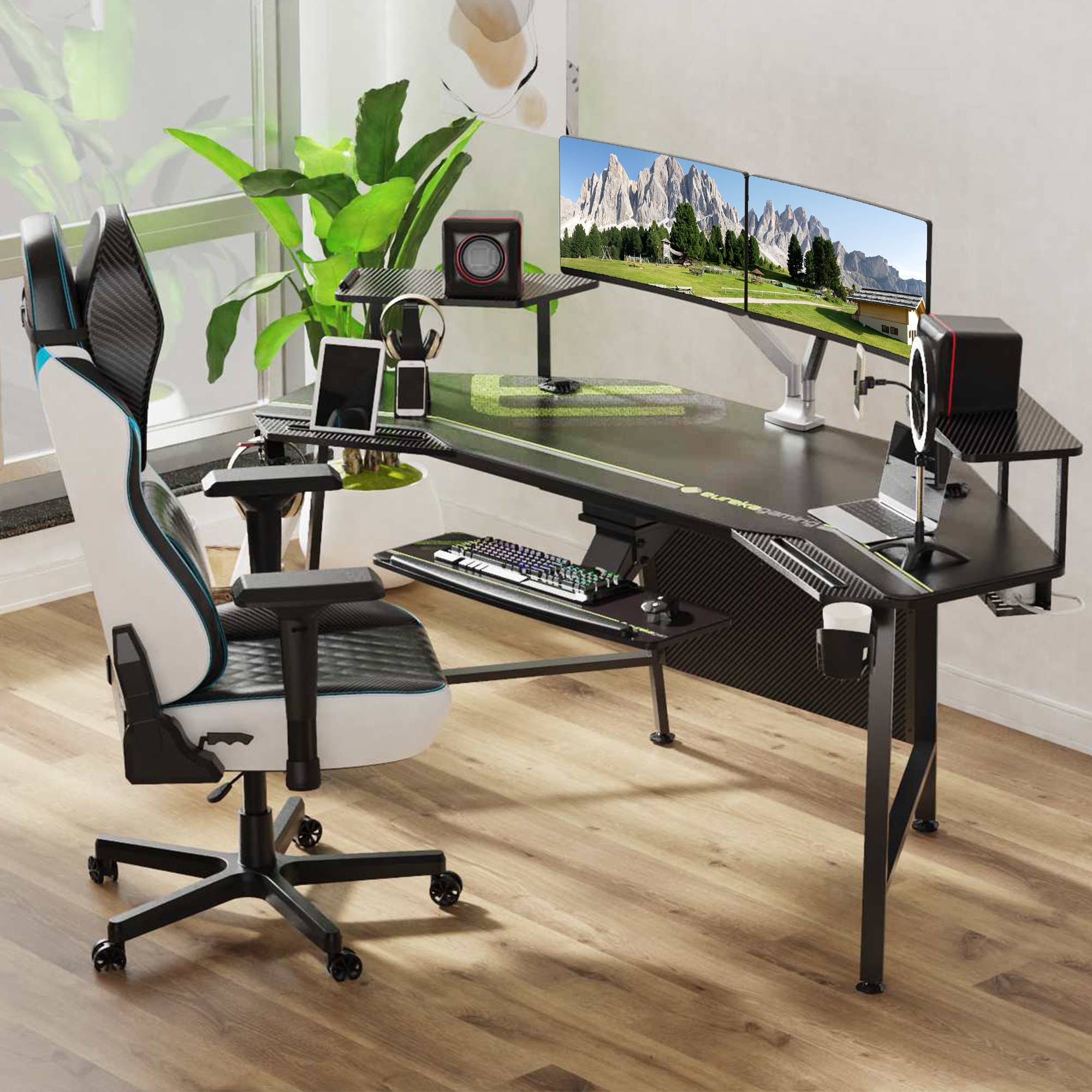 Eureka 72" Large Gaming Desk Multifunctional Computer Desk with Shelf & Keyboard Tray Black