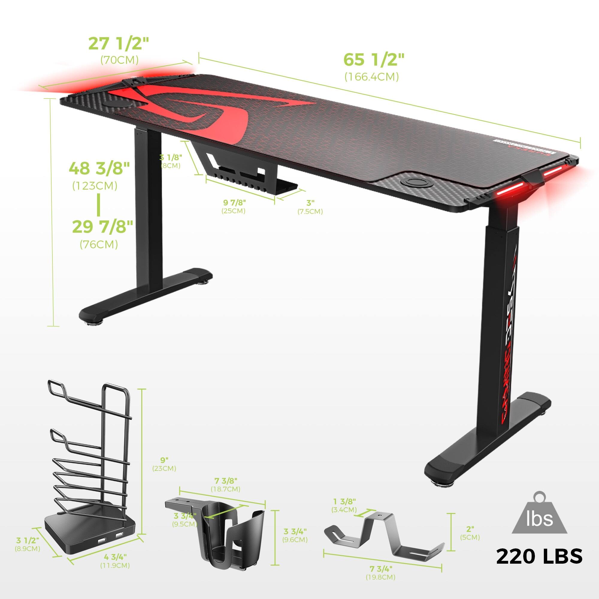 Eureka Ergonomic 65" Large Gaming Desk Electric Height Adjustable Standing Desk with RGB LED Light