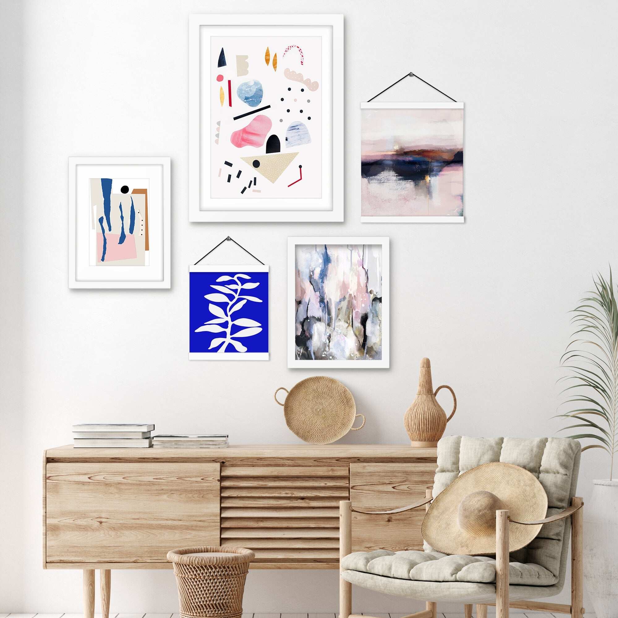 5 Piece Framed Multimedia Gallery Wall Art Set Blue and Pink Matisse Abstract Shapes