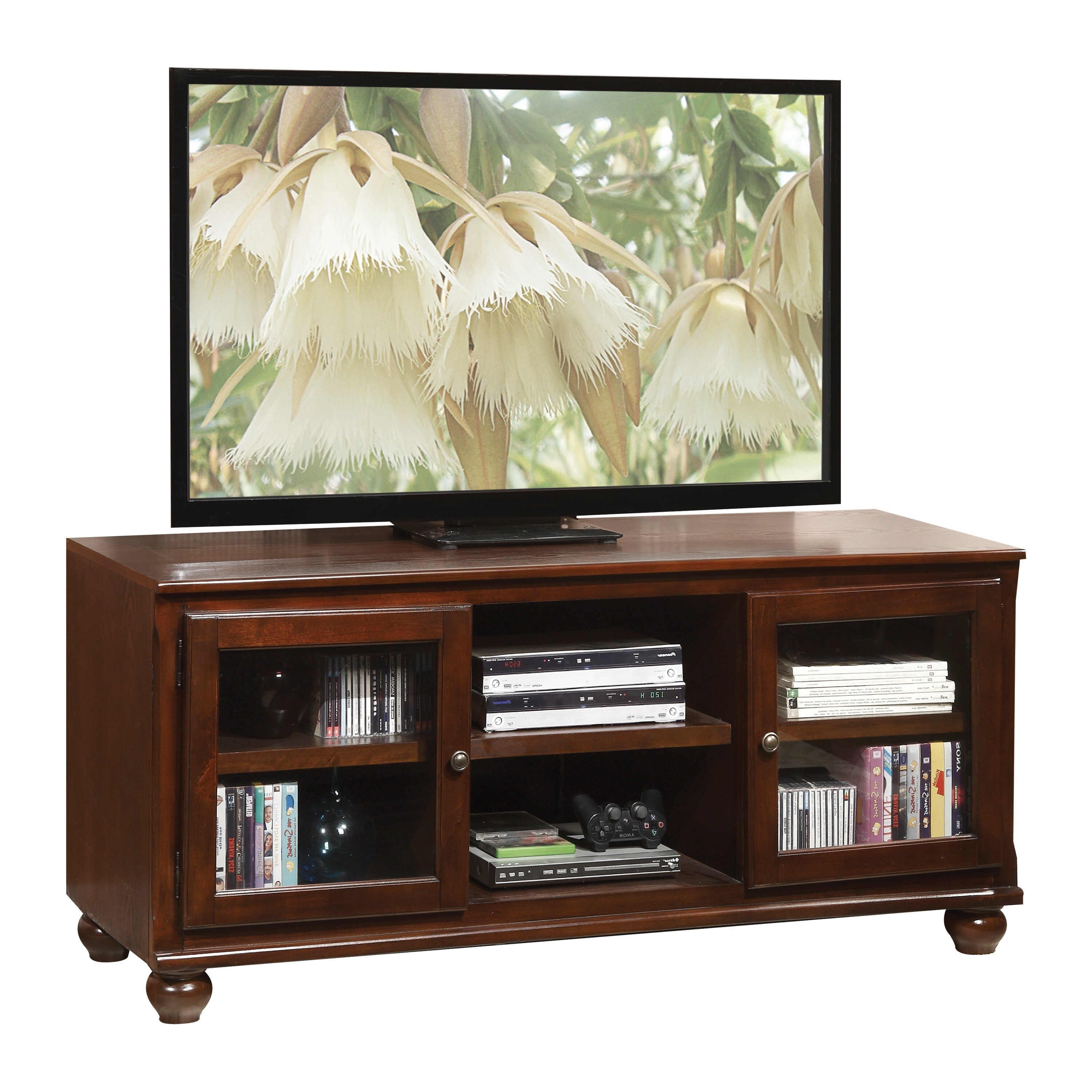 Vintage Wooden TV Stands with 2 Glass Doors & 2 Media Compartments, Recommended 59" Flat Panel TV