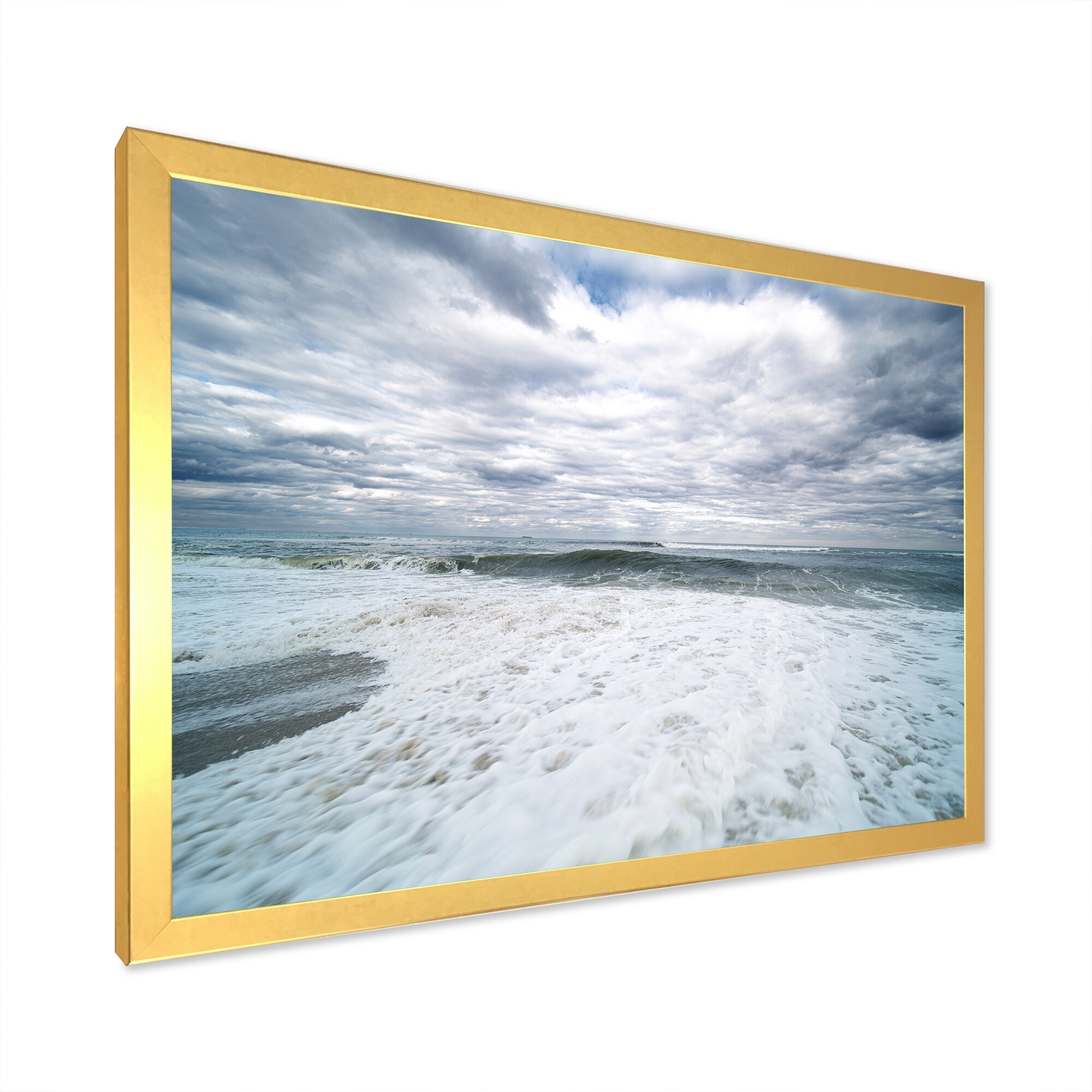 Designart "Beach With White Sand And Cloudy Sky" Nautical & Coastal Framed Art Print