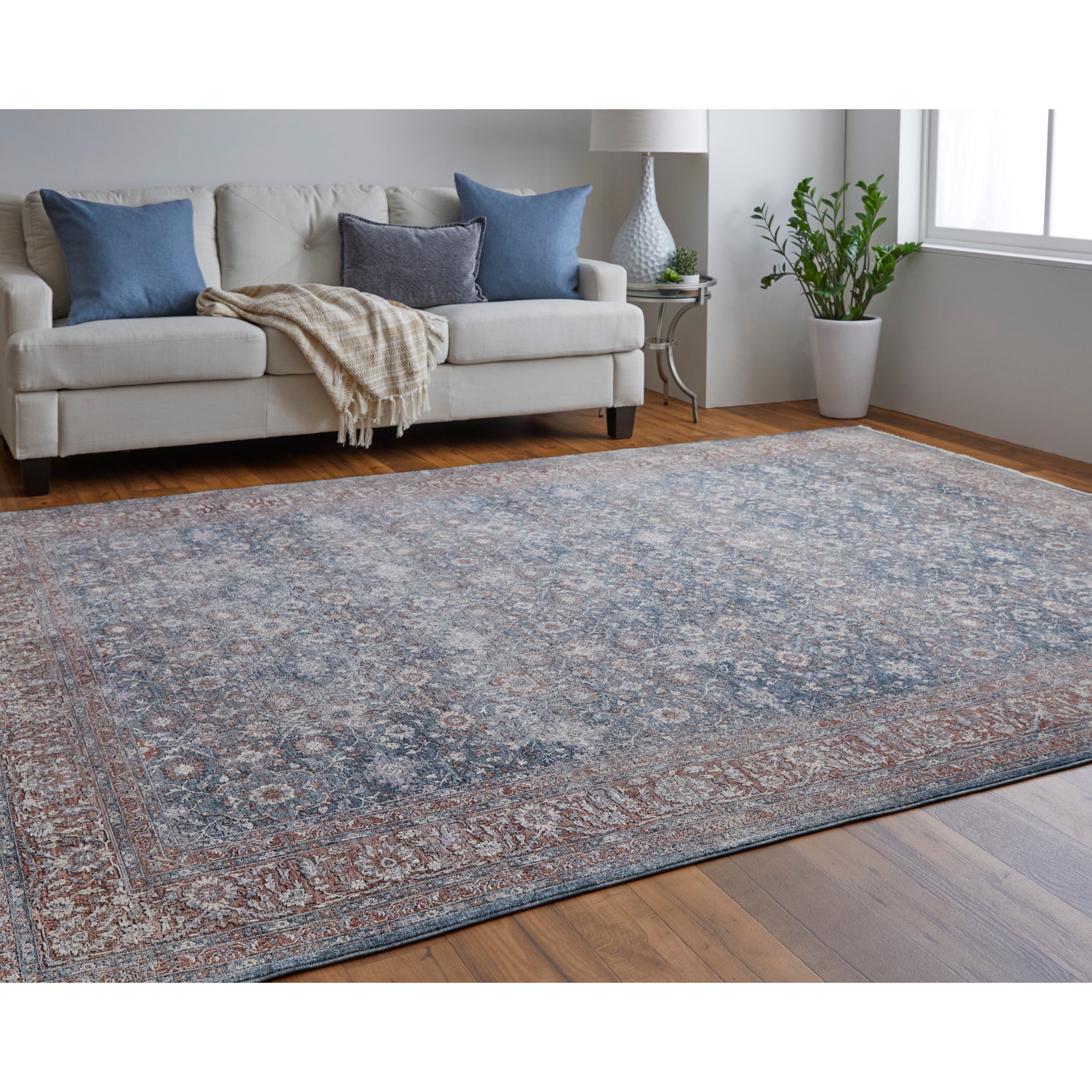 Ornamental Floral Blue Traditional Classic Area Rug