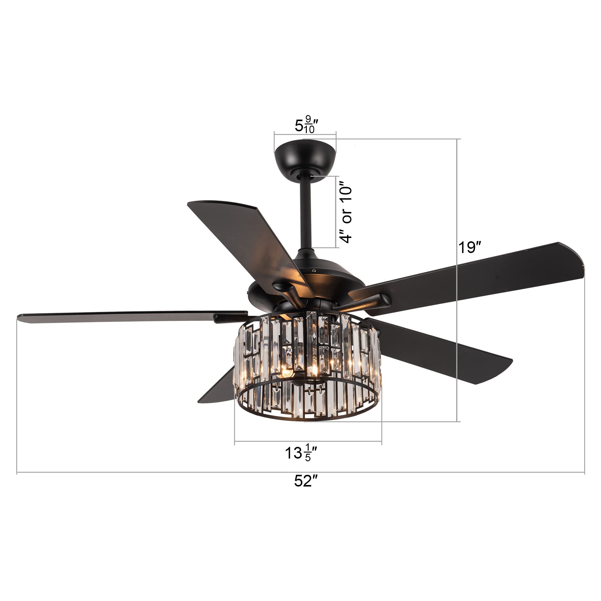 52" Modern Matte Black 5-Blade Crystal Ceiling Fan with Remote