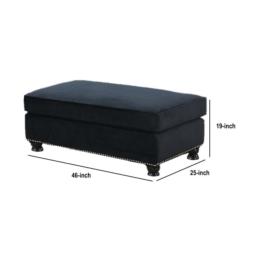 Fabric Ottoman with Nailhead Trim and Turned Feet, Black