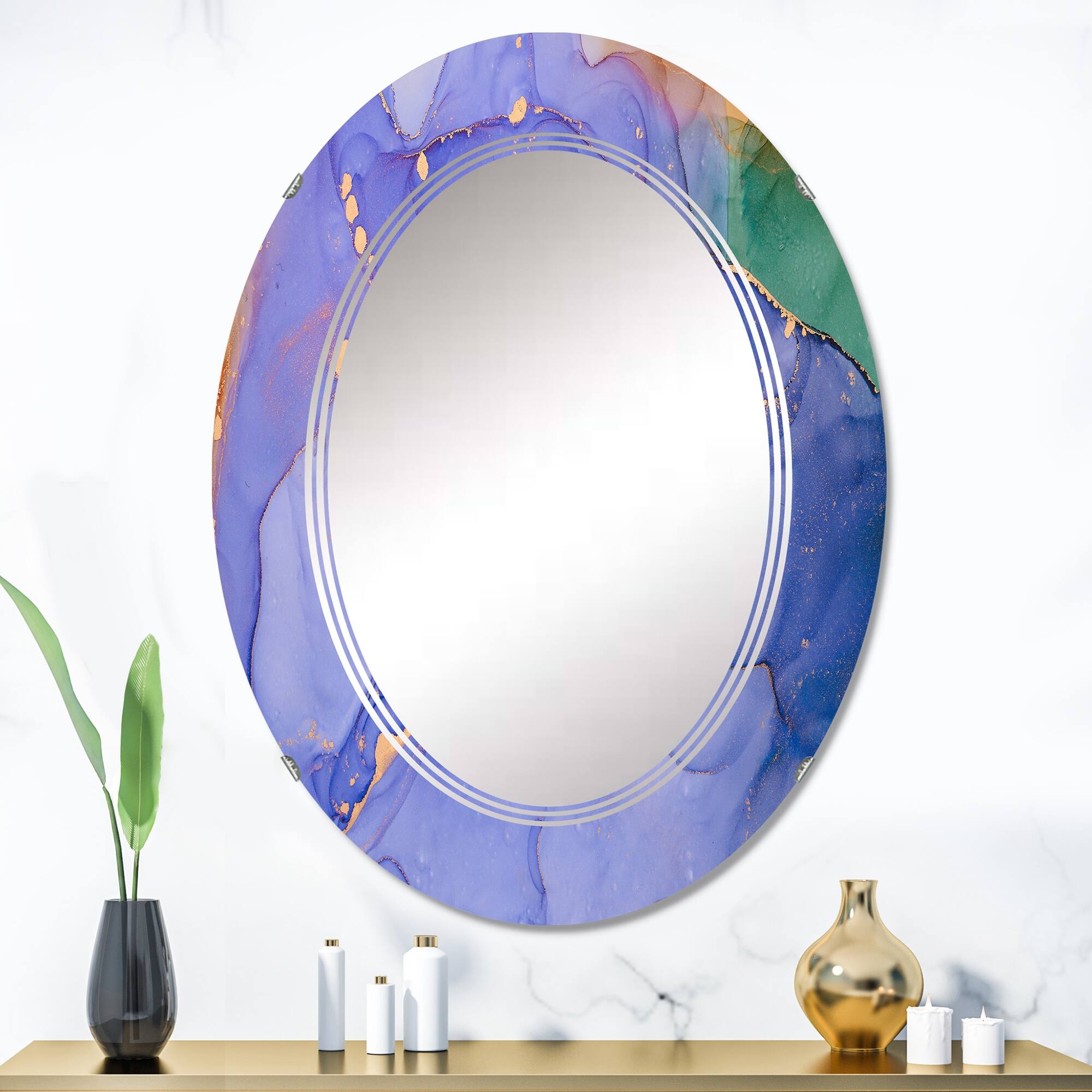Designart 'Purple Gold Infused Liquid Art' Printed Modern Wall Mirror