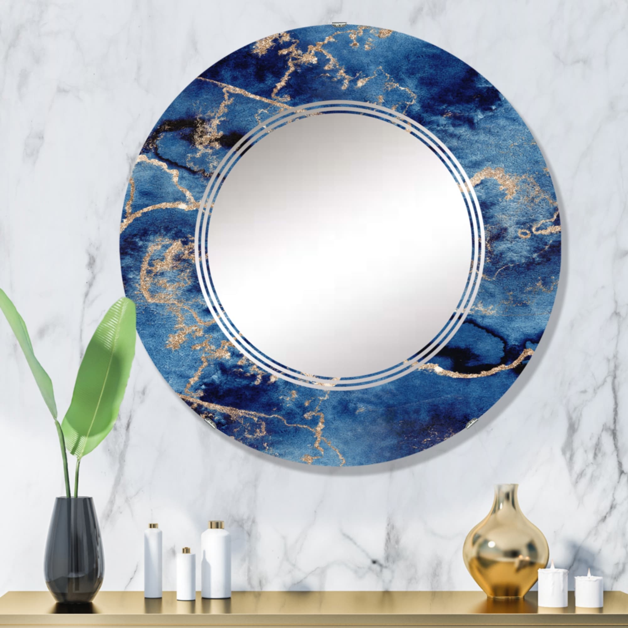 Designart 'Blue Gold Infused Liquid Art I' Printed Modern Wall Mirror