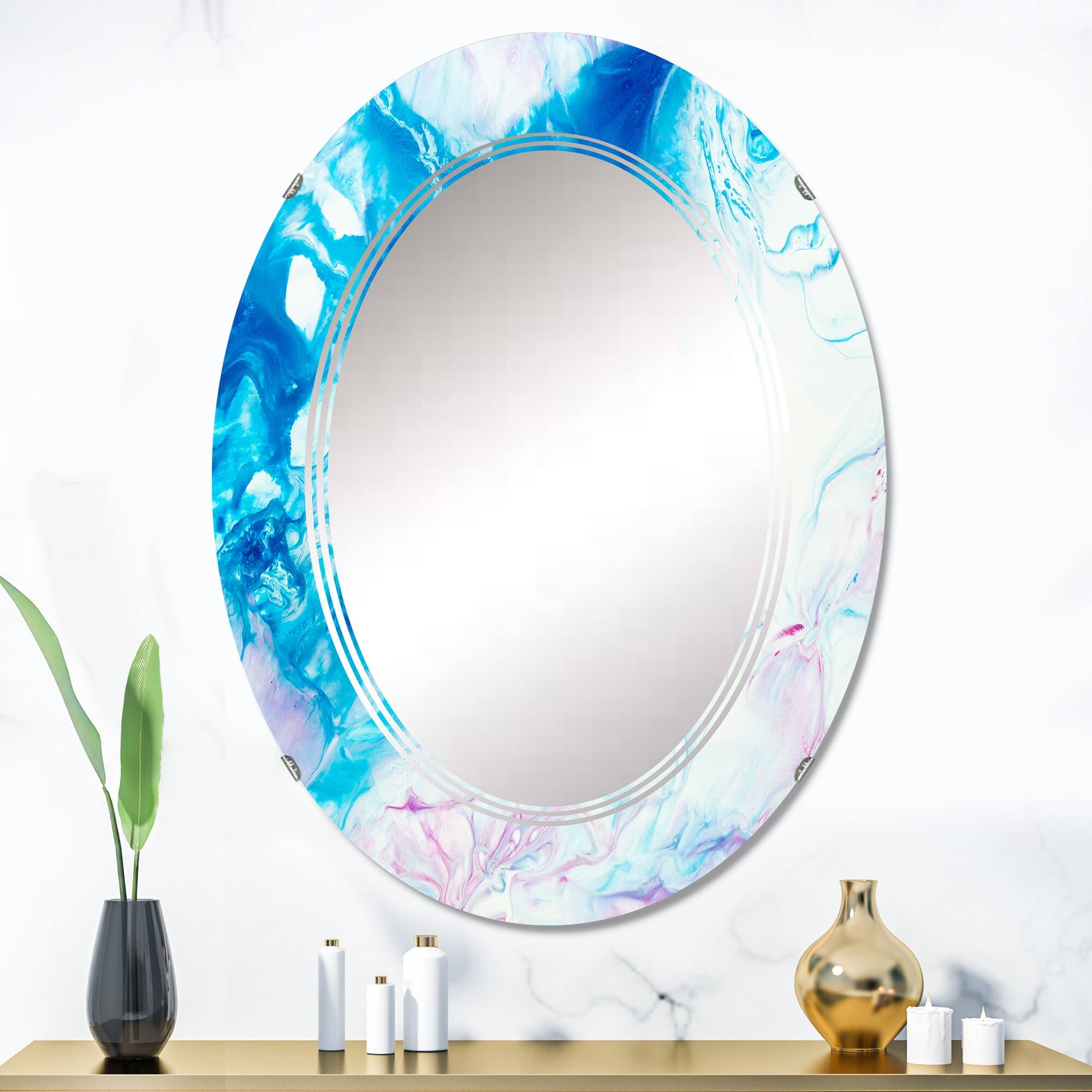 Designart 'Pink And Blue Ink Liquid Art' Printed Modern Wall Mirror