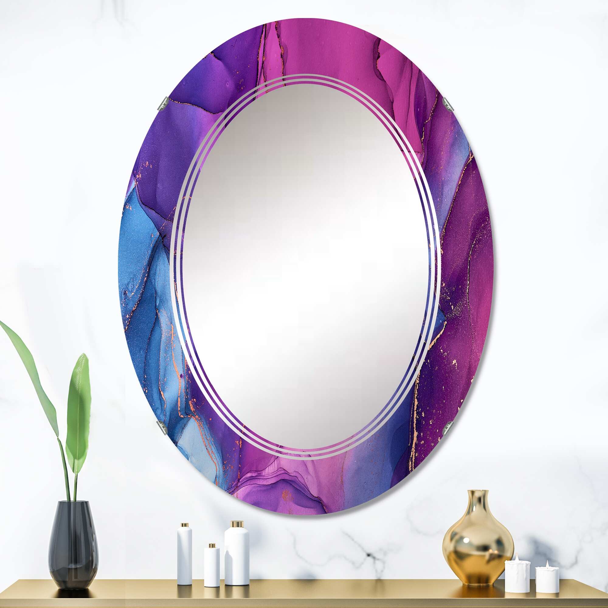 Designart 'Purple And Blue Liquid Marble Art' Printed Modern Wall Mirror