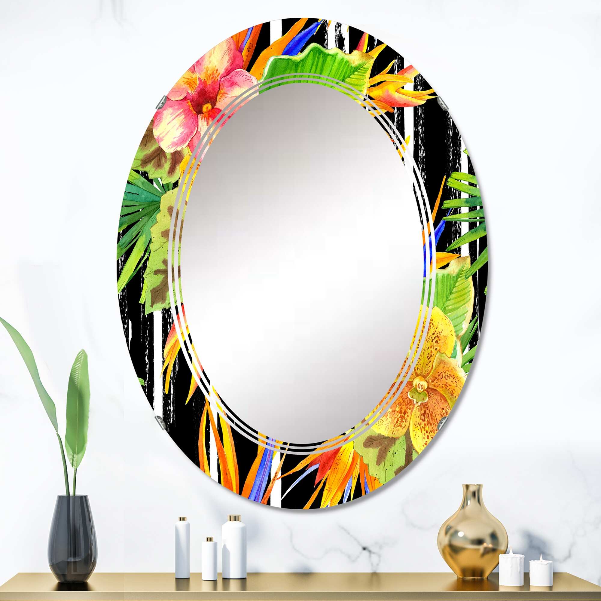 Designart 'Yellow Red And Green Tropical Flowers On Black' Printed Tropical Wall Mirror