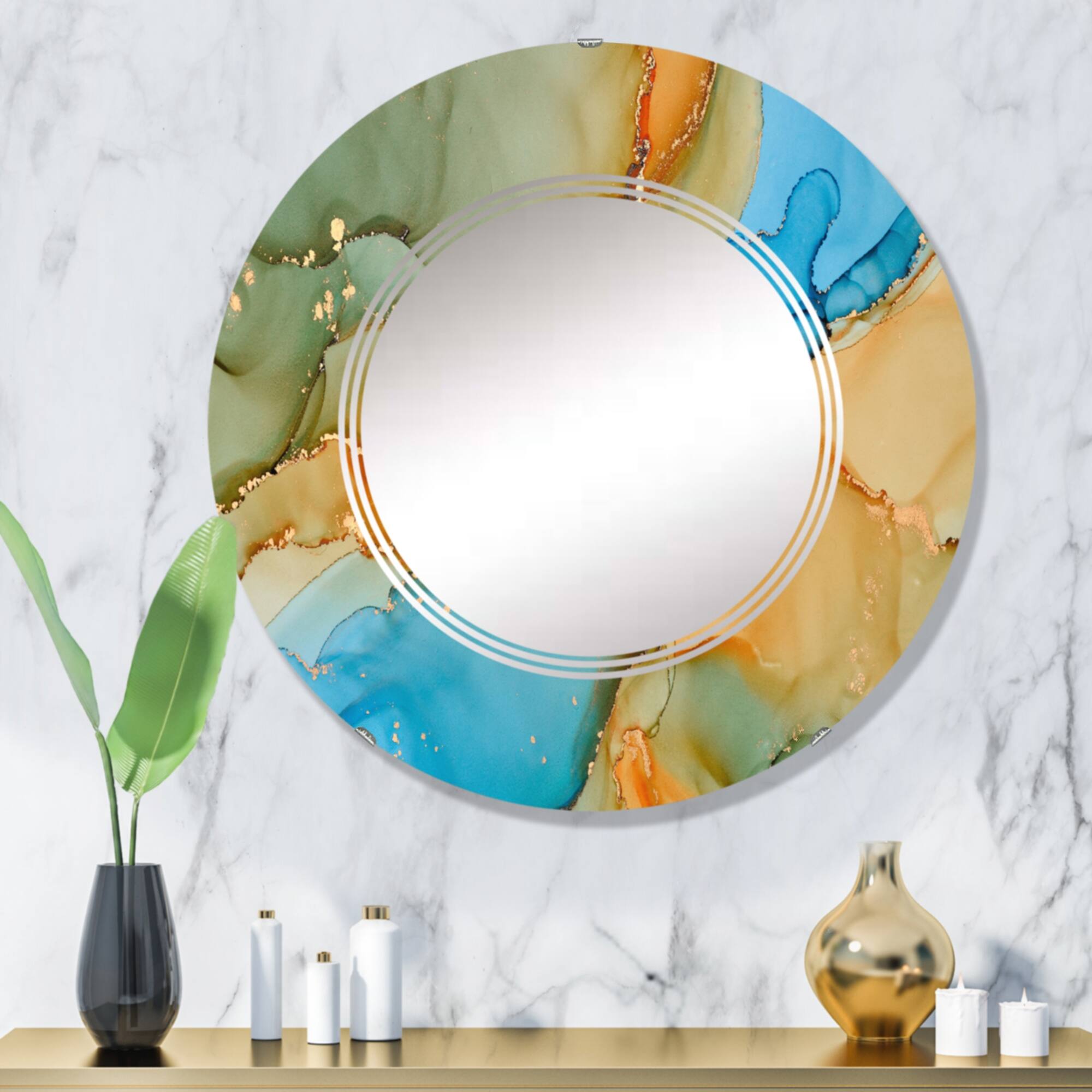 Designart 'Brown And Blue Luxury Abstract Fluid Art III' Printed Modern Wall Mirror