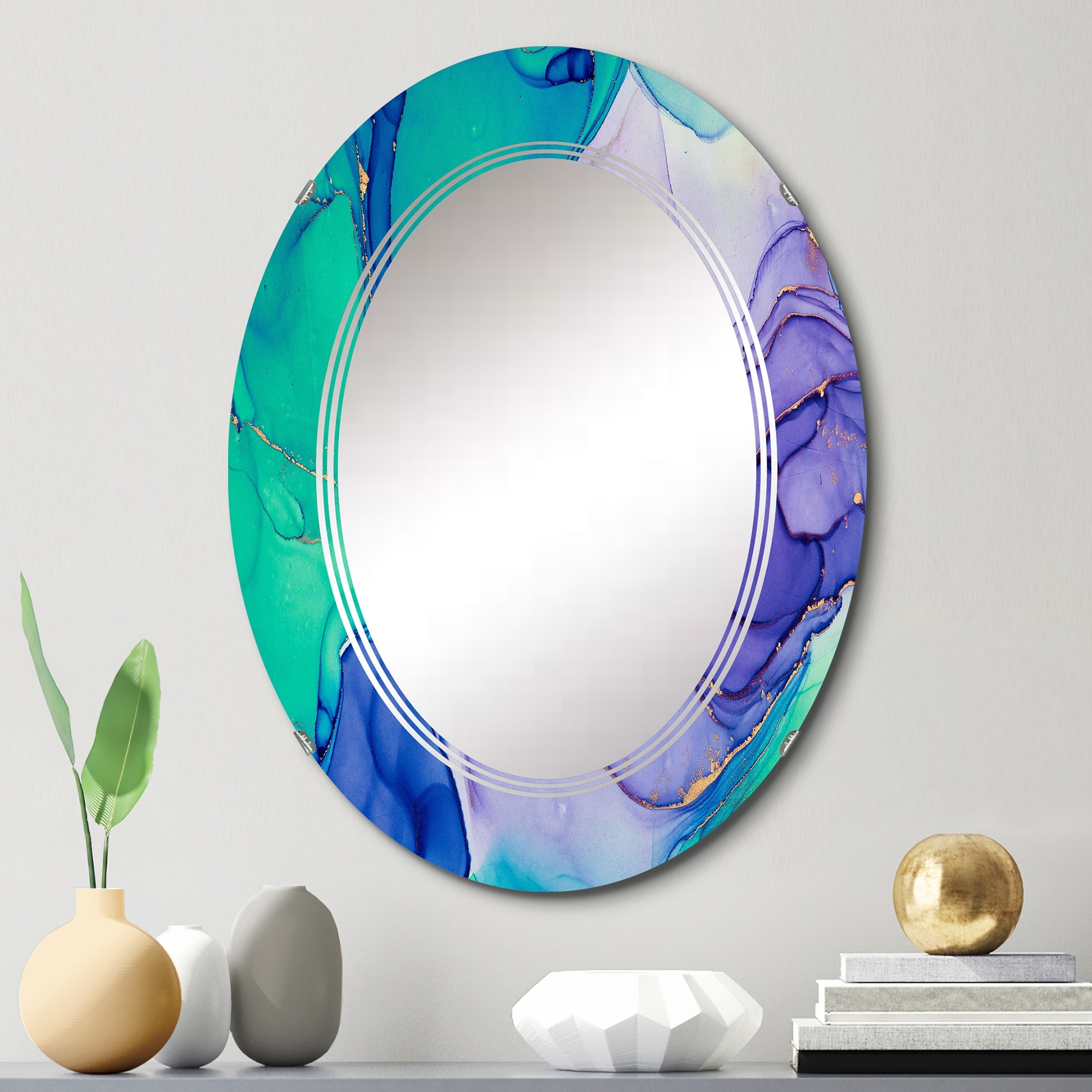 Designart 'Turquoise And Purple Luxury Abstract Fluid Art IV' Printed Modern Wall Mirror