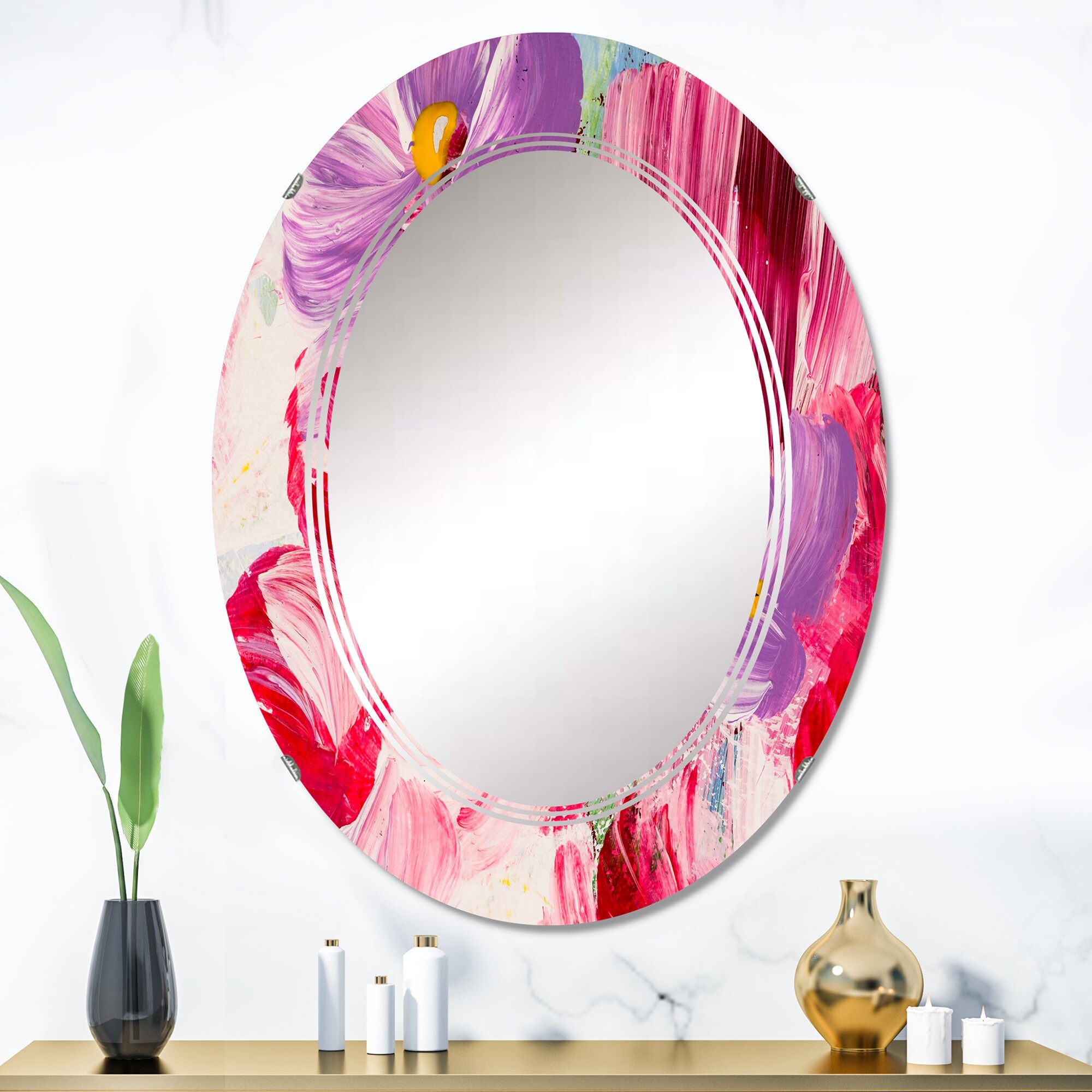 Designart 'Red And Purple Abstract Flowers' Printed Modern Wall Mirror
