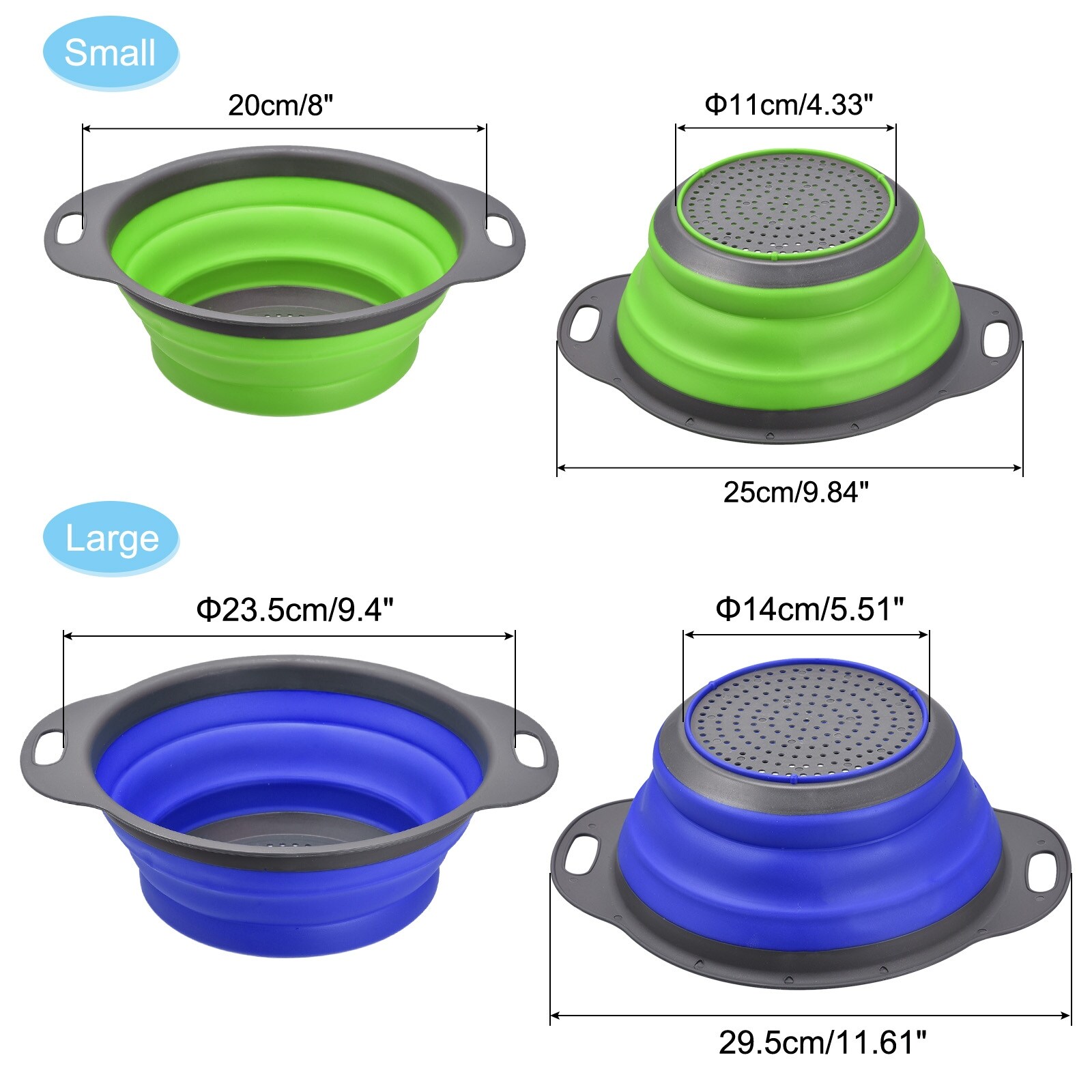 Collapsible Colander 4 Pcs Silicone Foldable Strainer 8in & 9.4in - green blue - 2 Size(8 & 9.4 inch)