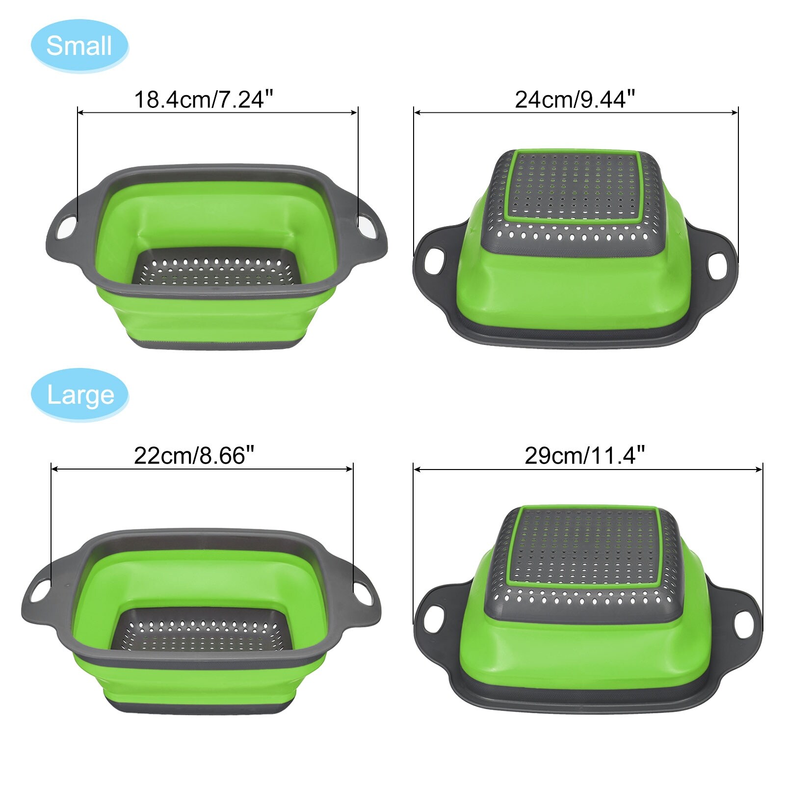 Collapsible Colander Set, 2 Size Silicone Square Foldable Strainer - Green - 29cm x 22cm x 9cm