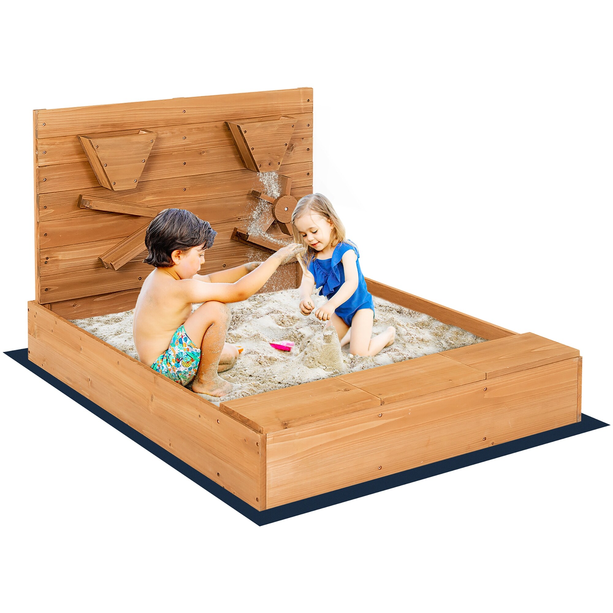 Costway Wooden Sandbox w/ Sand Wall & Cover & Bottom Liner for Kids - See Details