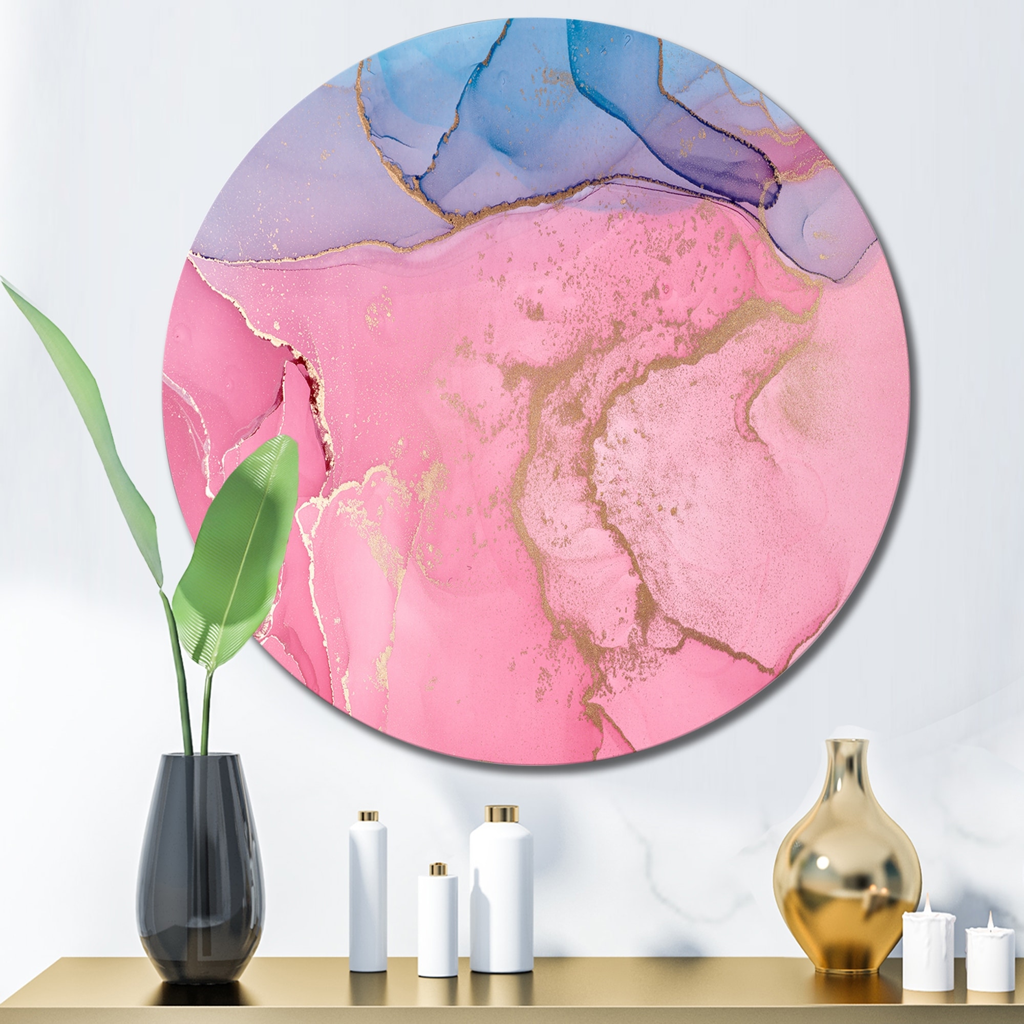 Designart 'Pink Liquid Ink Art With Blue Horizon' Modern Metal Circle Wall Art