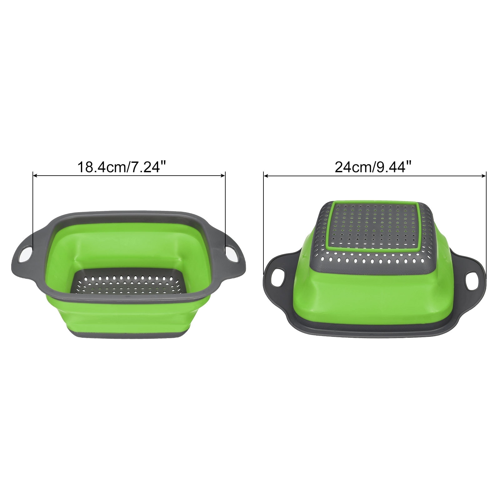 Collapsible Colander, Silicone Square Foldable Strainer with Handle - 24cm x 18.4cm x 7.5cm - Green