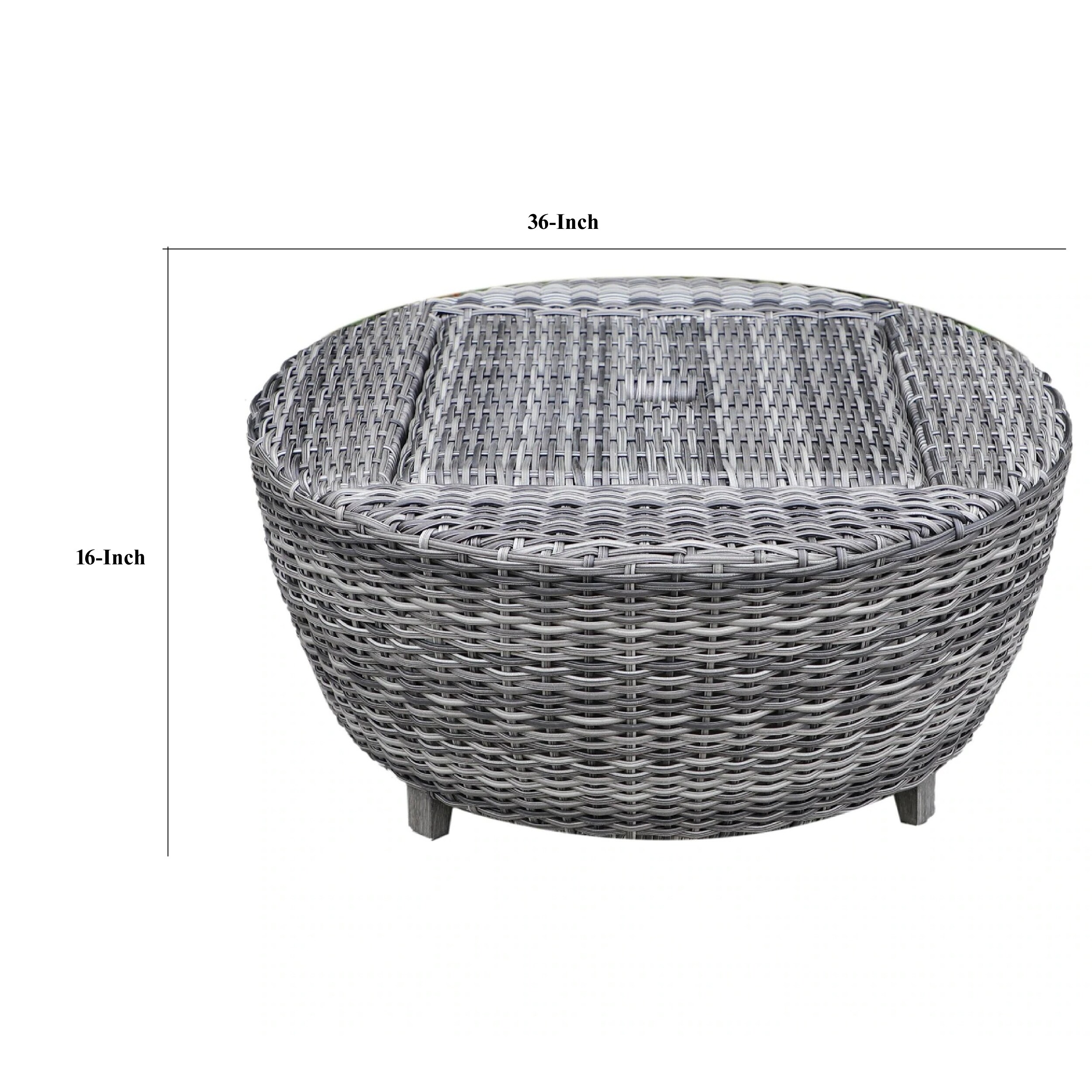 36 Inch Anders Round Outdoor Coffee Table, Cooler with Woven Wicker, Gray