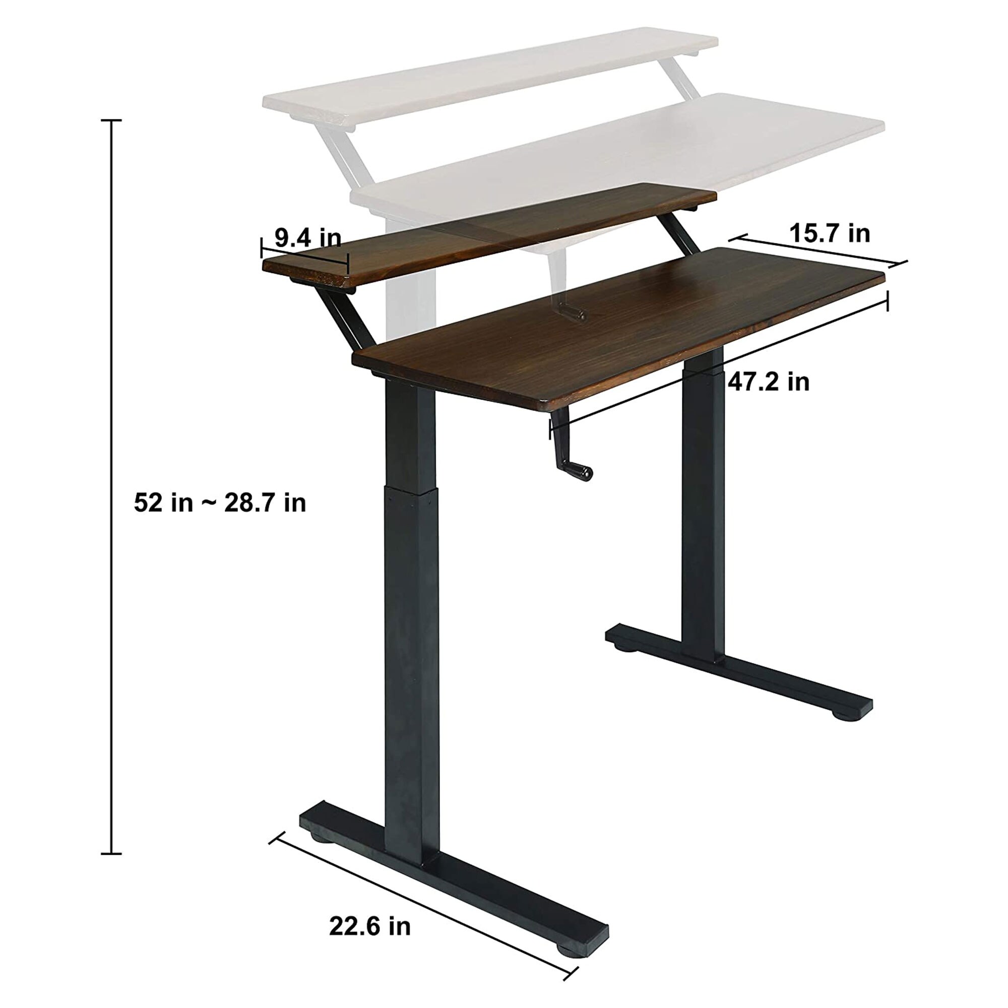 SDADI Adjustable Height Steel Frame 2 Tier Standing Desk w/ Crank, Light Grain