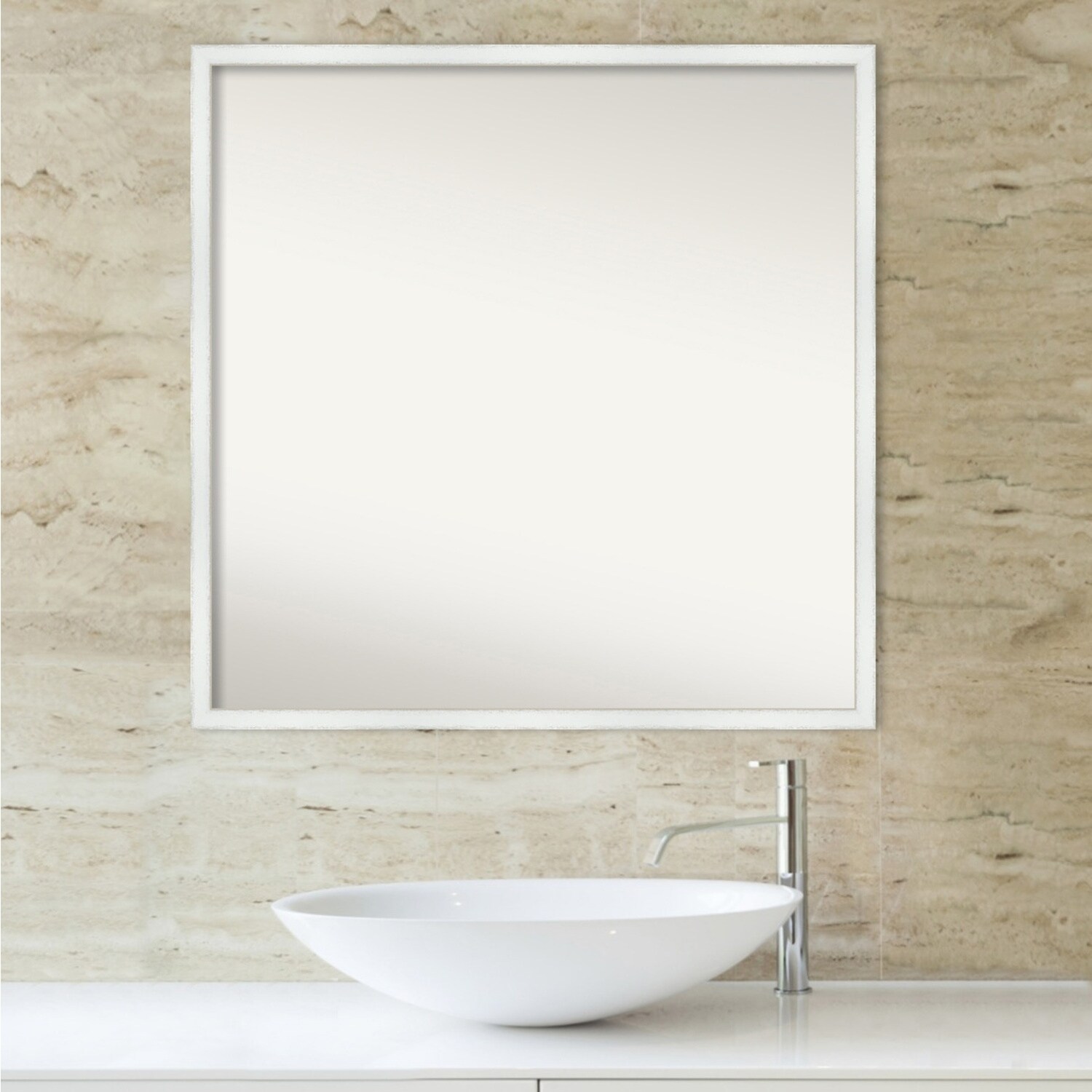 Non-Beveled Wood Bathroom Wall Mirror - Breeze Distressed White Frame
