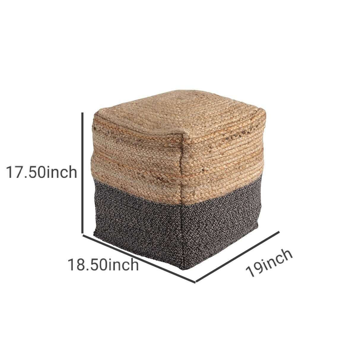 Cube Shape Jute Pouf with Braided Design, Black and Brown