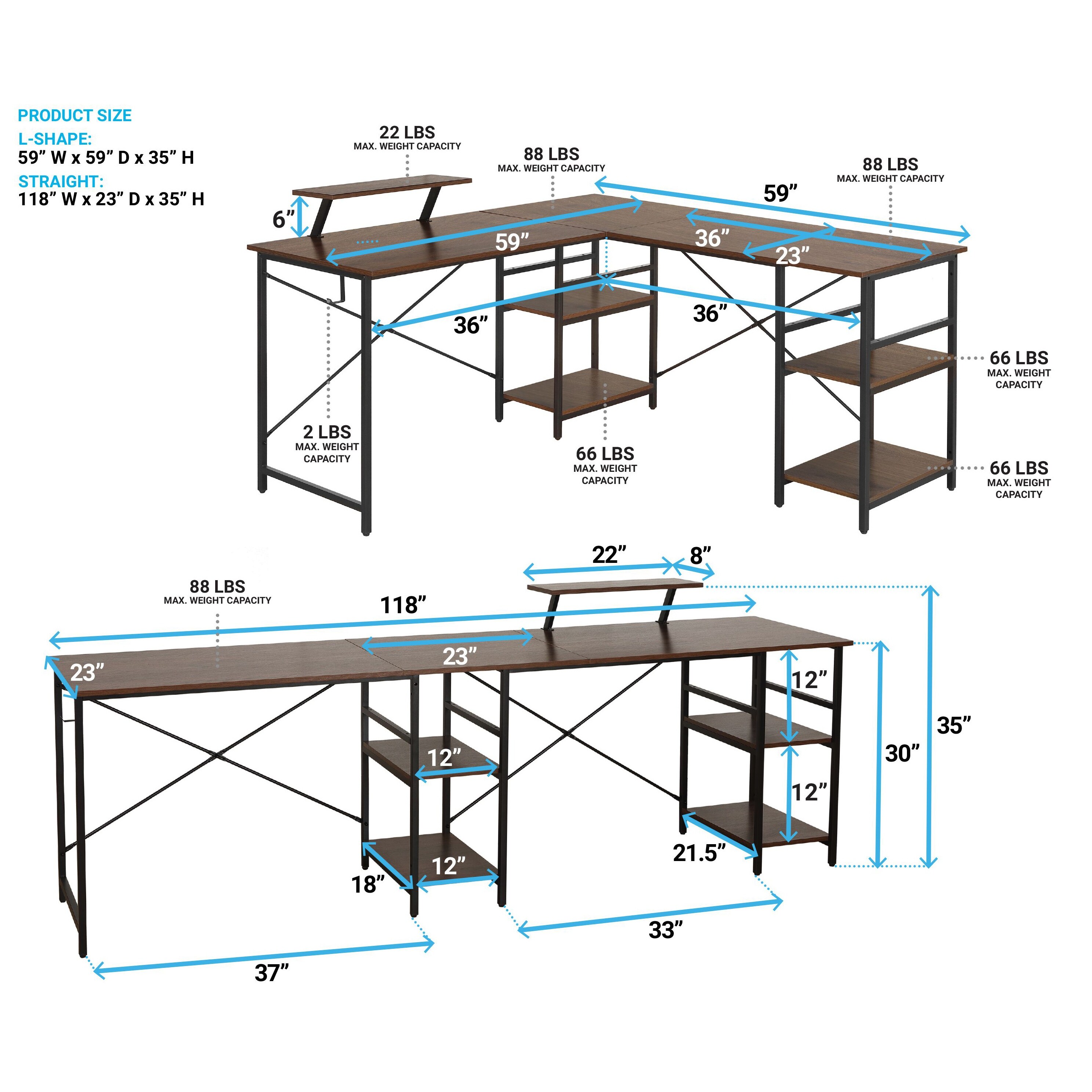 L-Shape Industrial Desk With Storage Shelves, Walnut