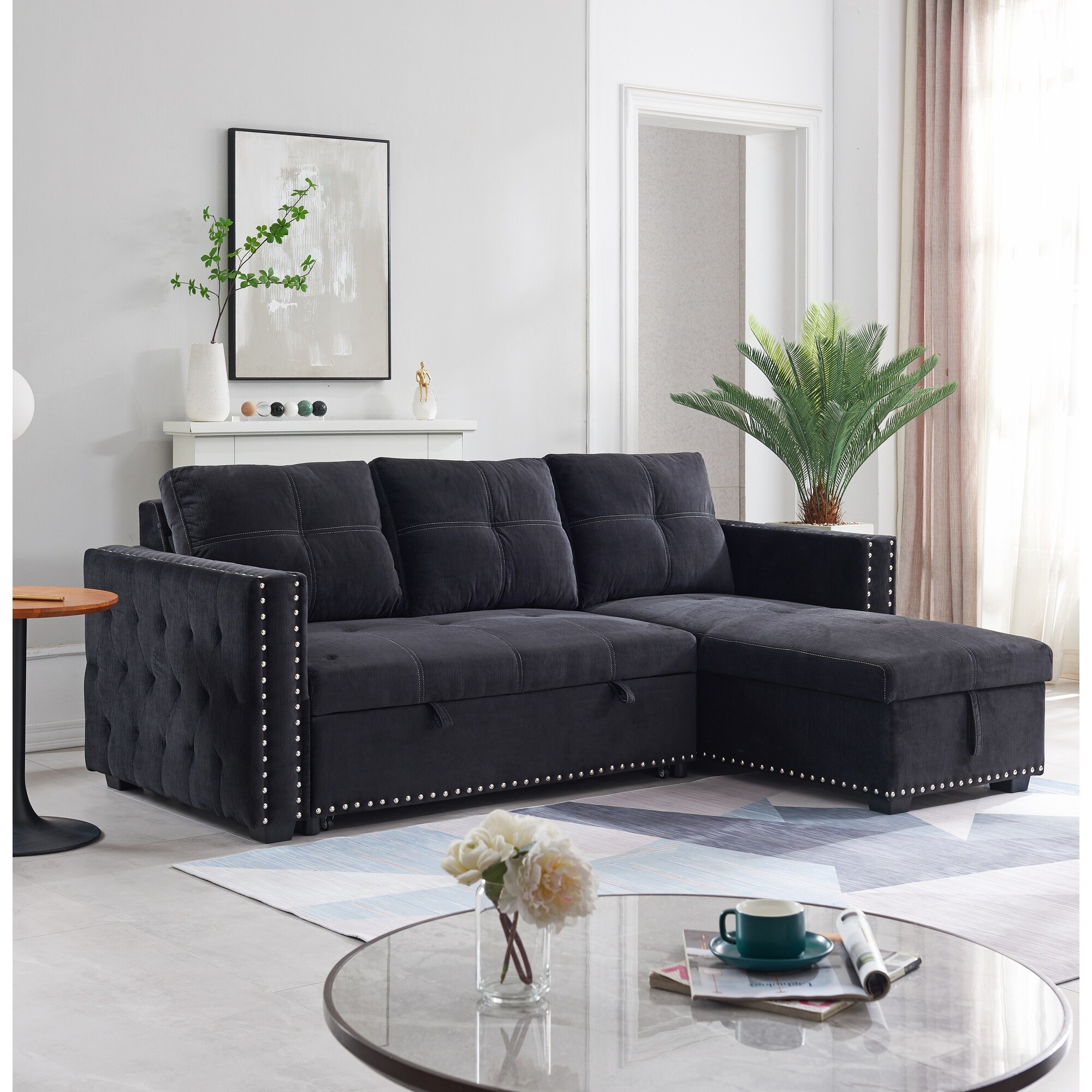 90.5" Wide Sectional Sofa Bed with Storage Chaise - Black