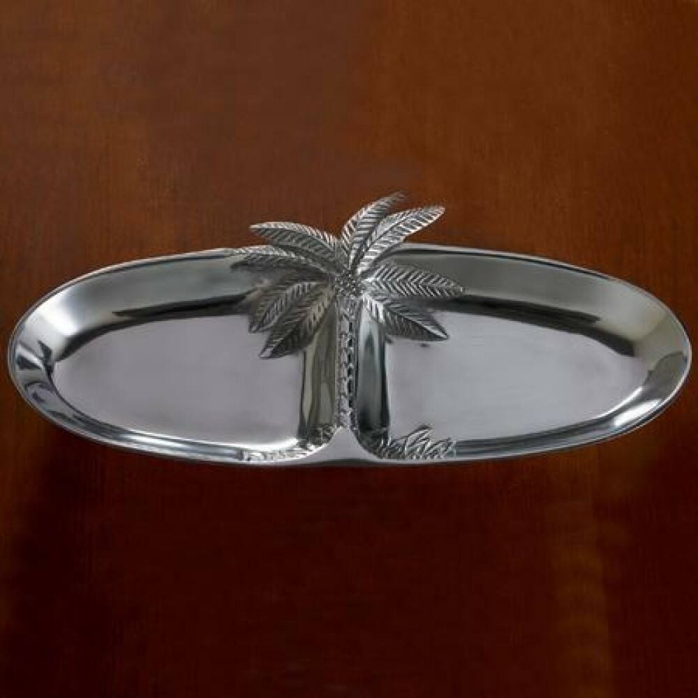 Oval Silver Palm Tree Two Section Serving Tray - 16 W x 16 D x 4 H