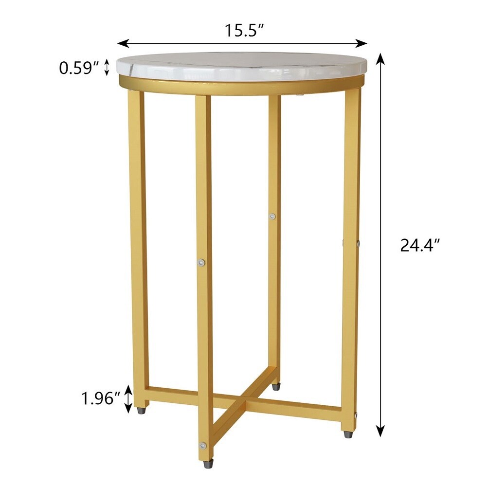 Round End Side Table with Faux Marble Top and Metal Frame, Set of 2 - White+Gold