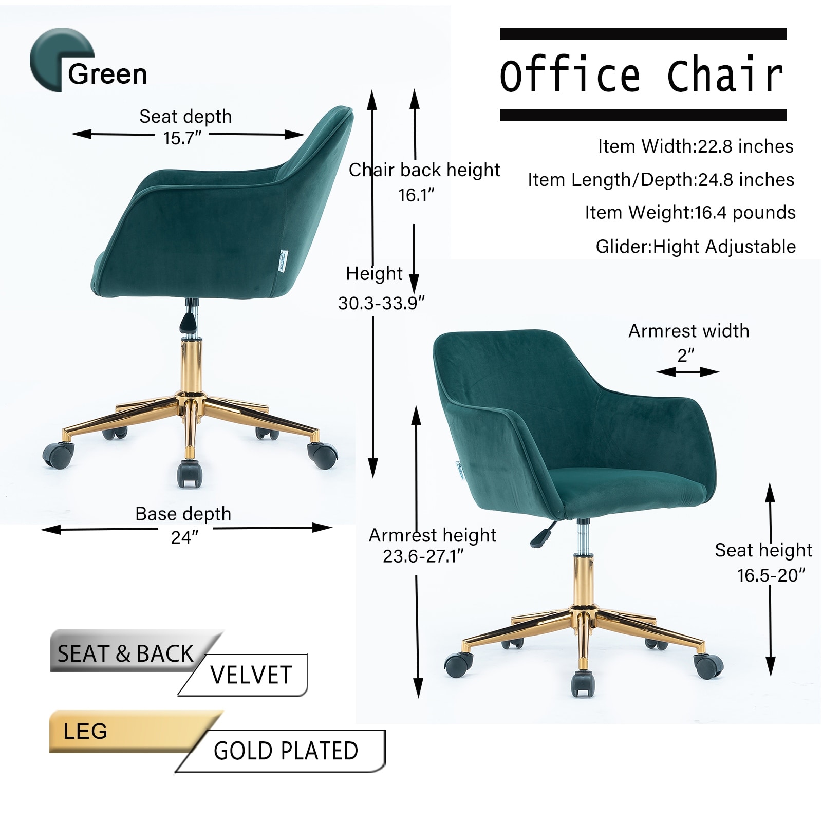 Rasoo Modern Home Office Chair, Adjustable Lift Chairs with Metal Legs and Universal Wheel For Indoor