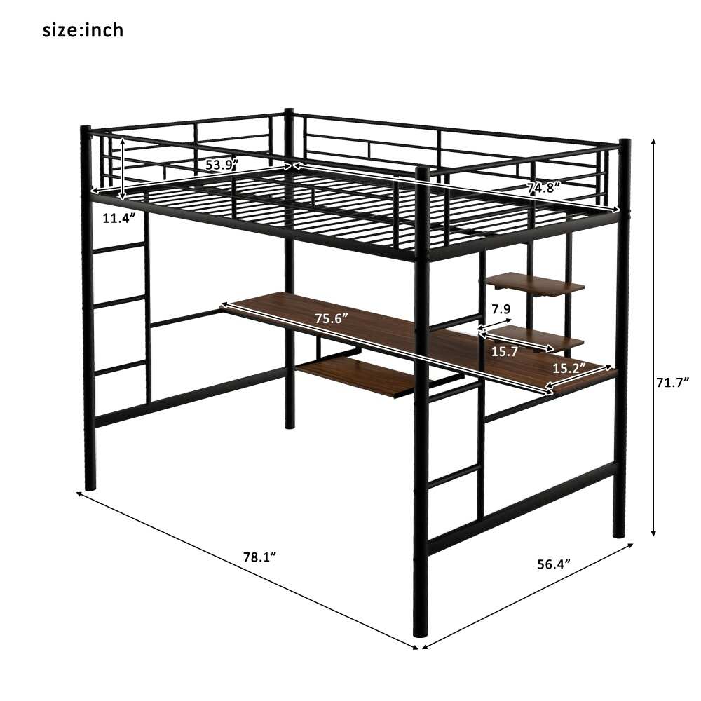 Full Size Loft Bed with Desk and Shelf