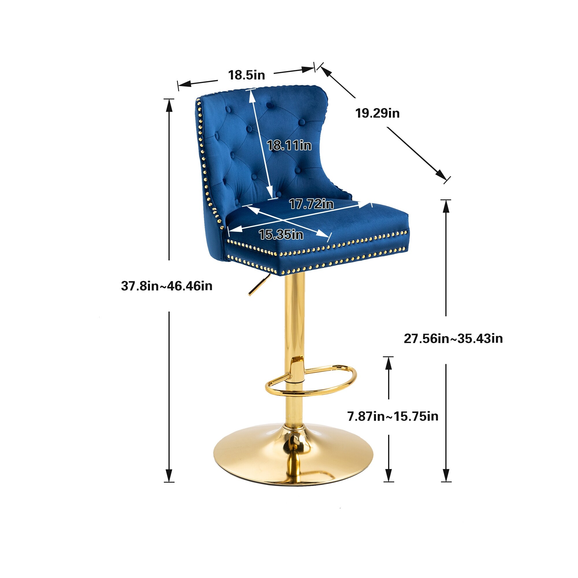 Velvet Upholstered Tufted Swivel Adjustable Height Bar Stools With Golden Footrest