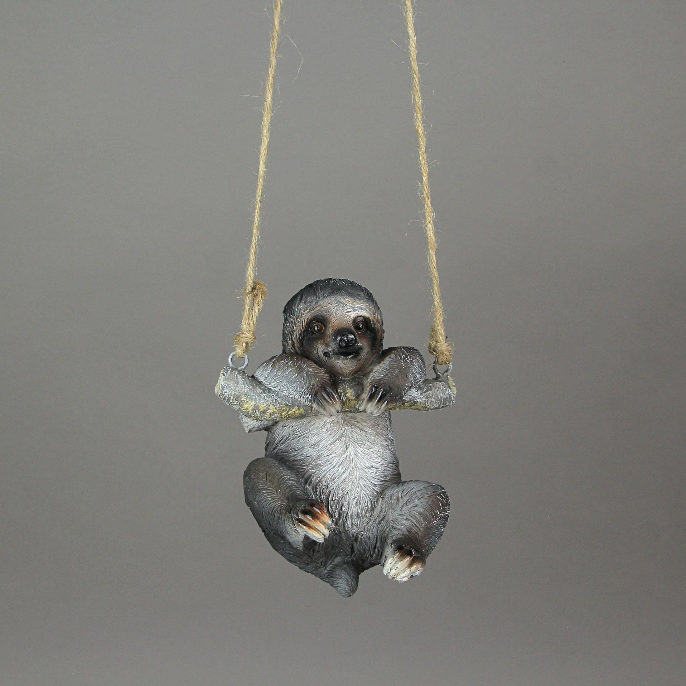 Hand-Painted Resin Three-Toed Sloth Hanging Sculpture With Rope Hanger - 6.25 X 5 X 3.75 inches