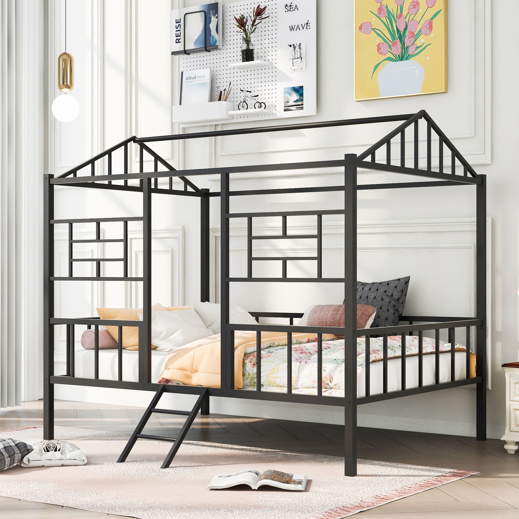 Metal Frame House Bed Frame Full Size Kids house Bed Platform Bed with Slatted Support and No Box Spring Needed