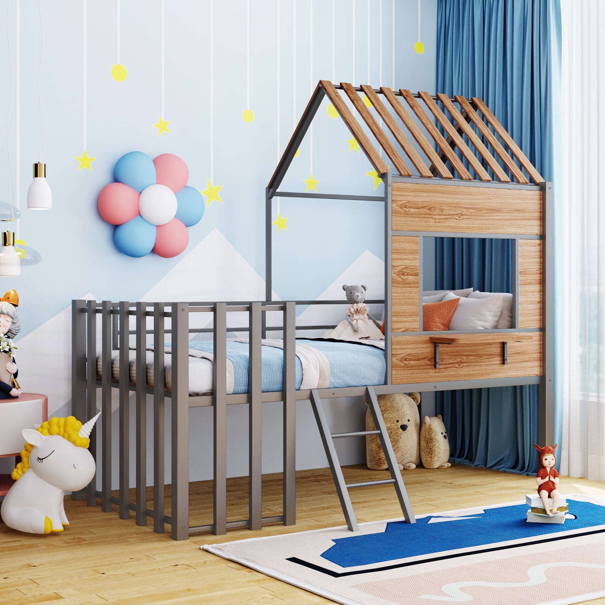 Twin Size Loft Bed Kids House Bed Metal Bed Frame Plus Plank Upper Bunk Full-length Guardrail with Roof and Window, Ladder