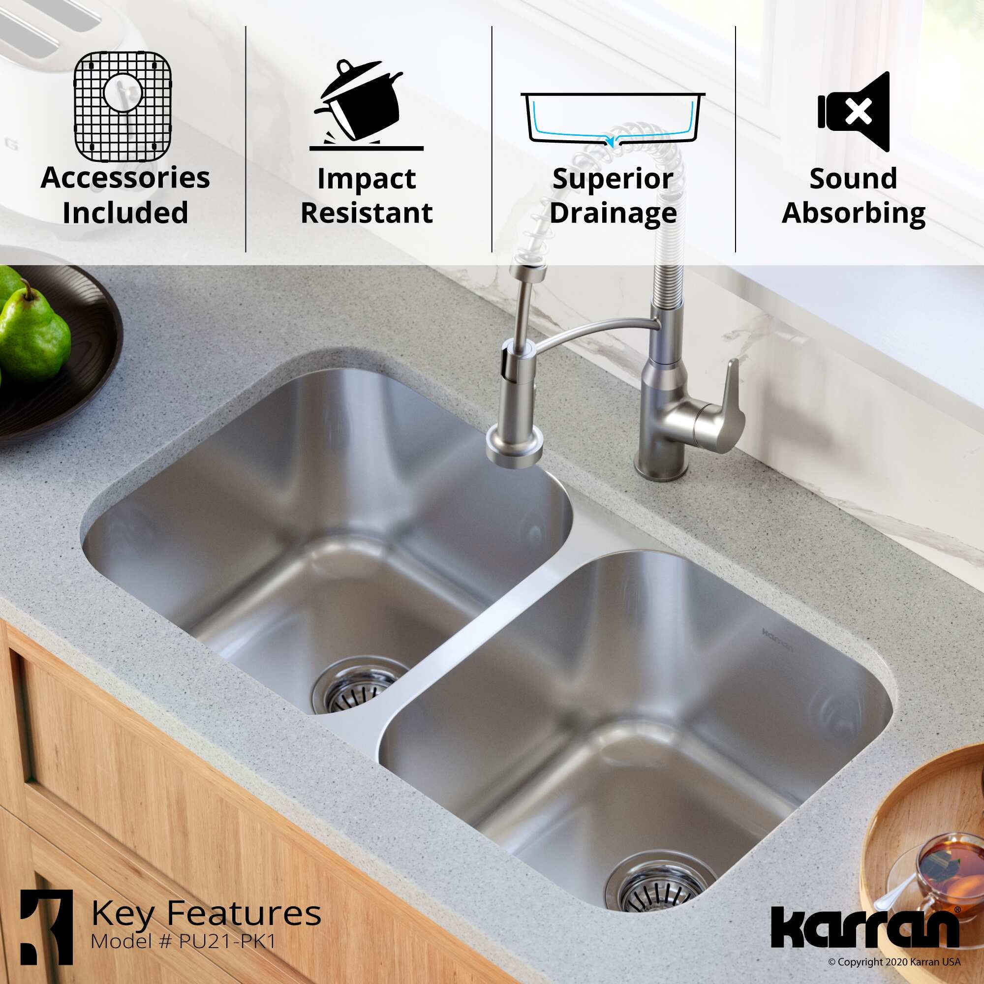Karran 32" Undermount 18-Gauge Stainless Steel 50/50 Double Bowl Kitchen Sink Kit