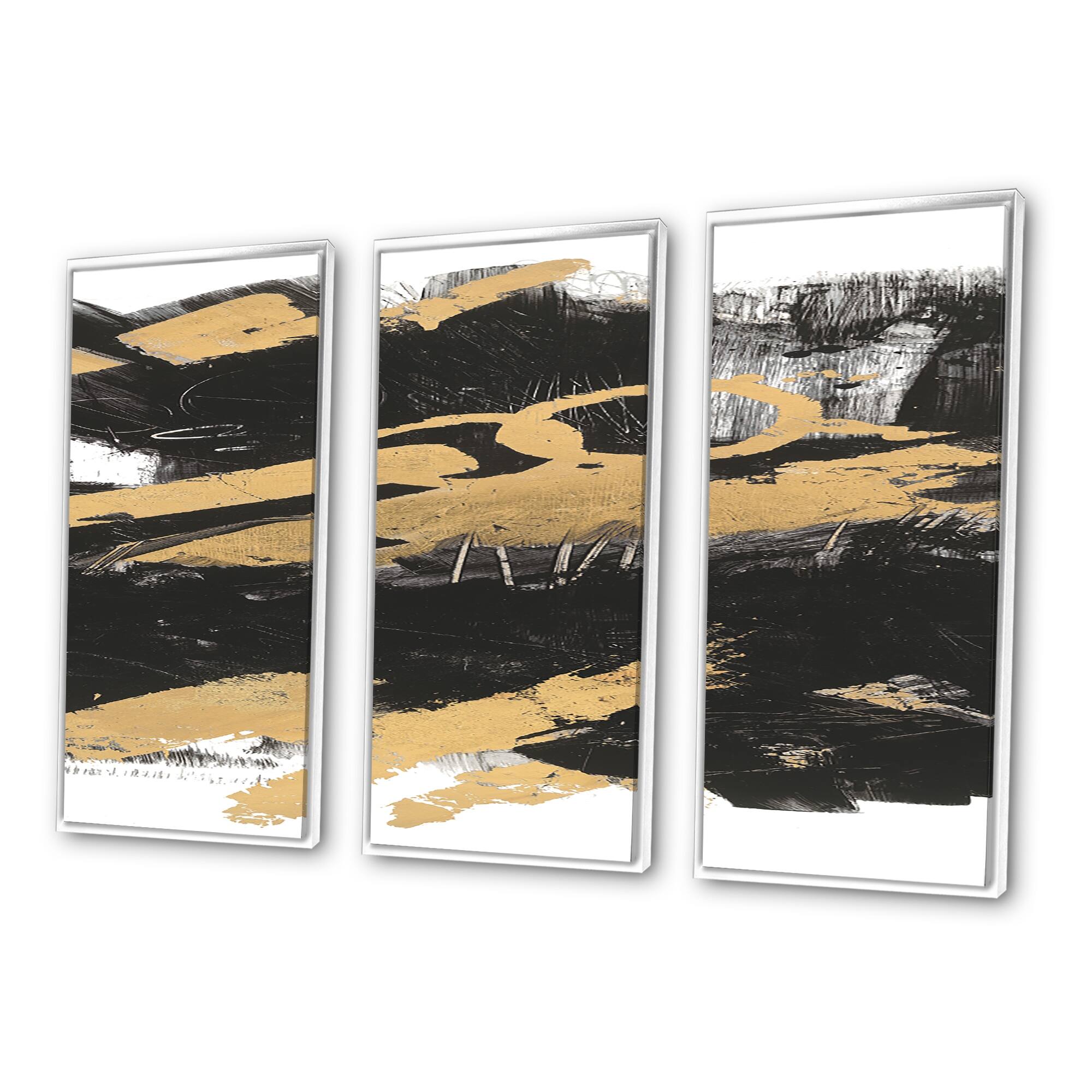 Designart "Gold and Black drift IV" Modern & Contemporary Framed Art Prints Set of 3 - 4 Colors of Frames